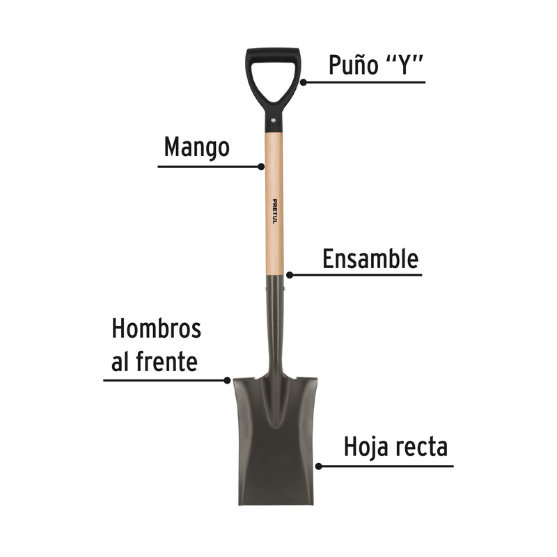 Pala escarramán, mango madera, puño "Y", Pretul