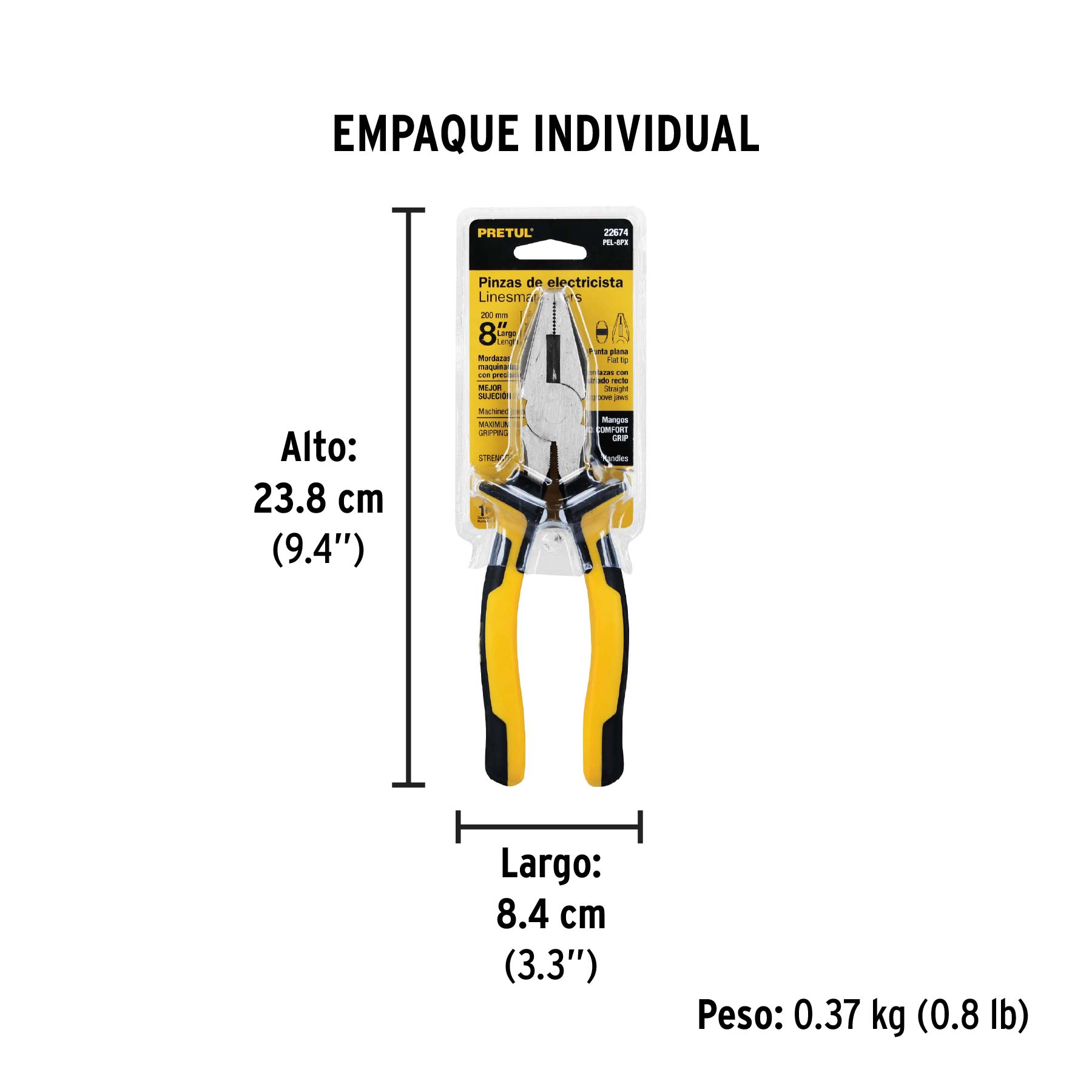 Pinza para electricista 8", mango comfort grip, pretul
