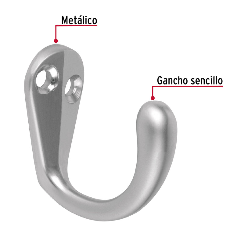 Gancho sencillo tipo perchero, níquel satinado