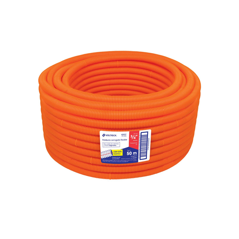 Tubo corrugado flexible, 3/4", con guía, rollo 50 m, Volteck