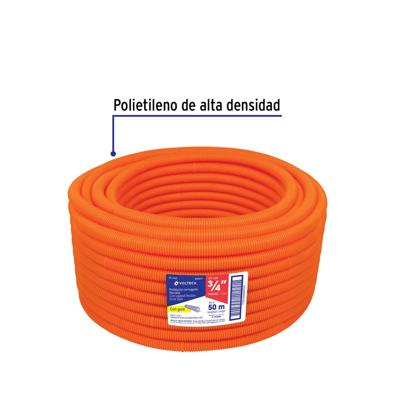 Tubo corrugado flexible, 3/4", con guía, rollo 50 m, Volteck