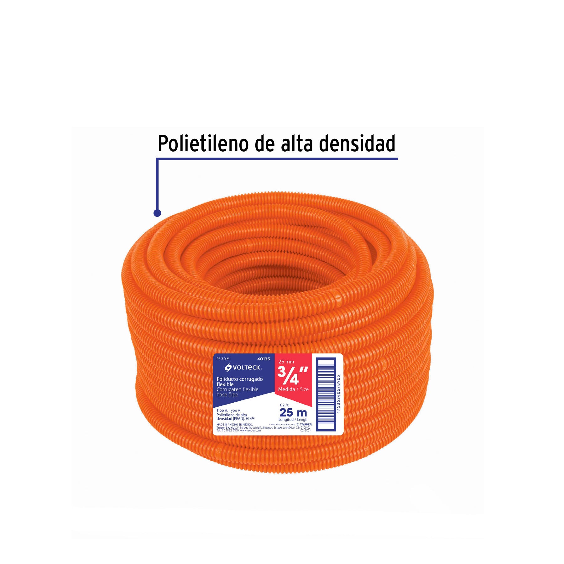 Poliducto corrugado flexible, 3/4', rollo 25 m, Volteck