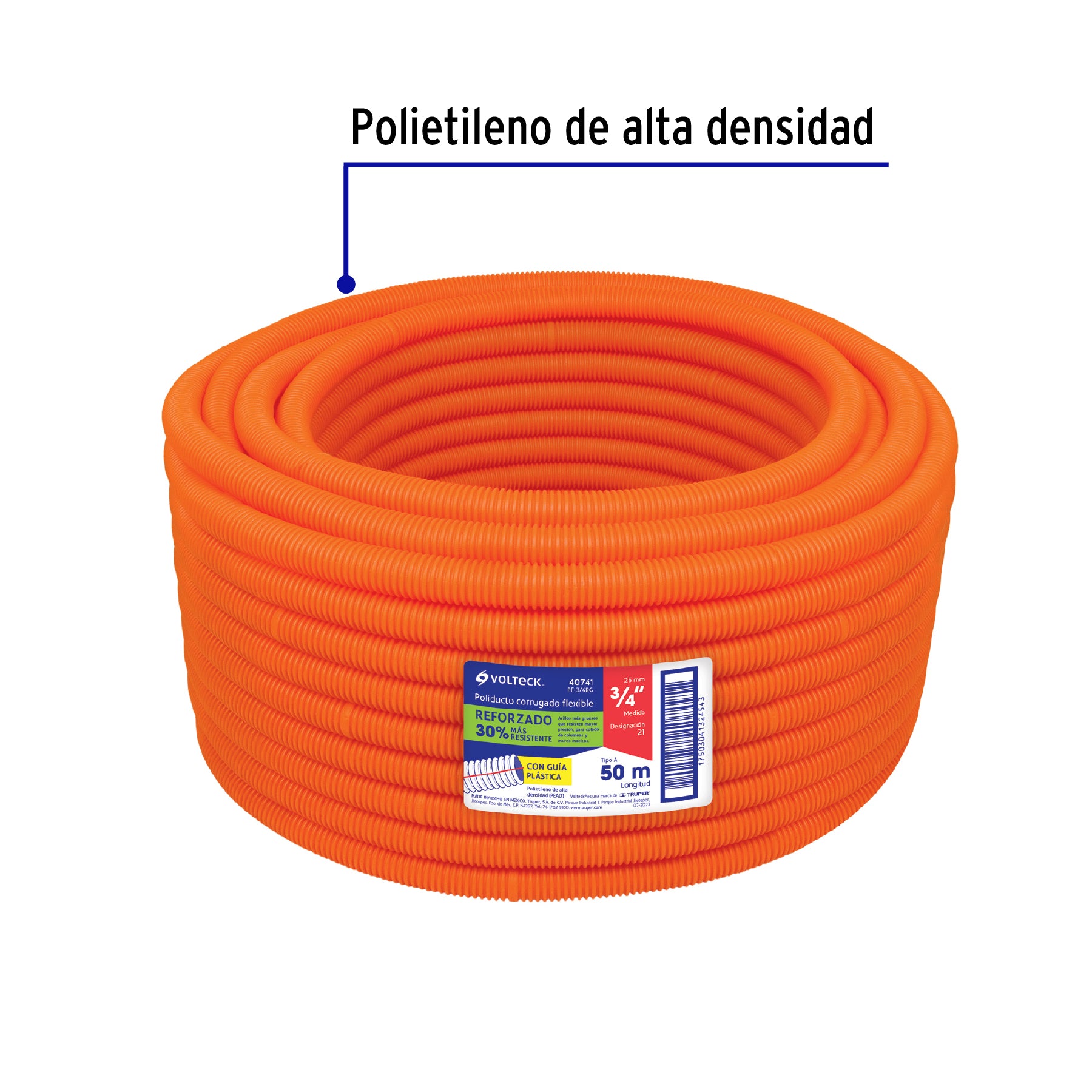 Metro de poliducto 3/4' corrugado flex. reforz. c/guía, 50m