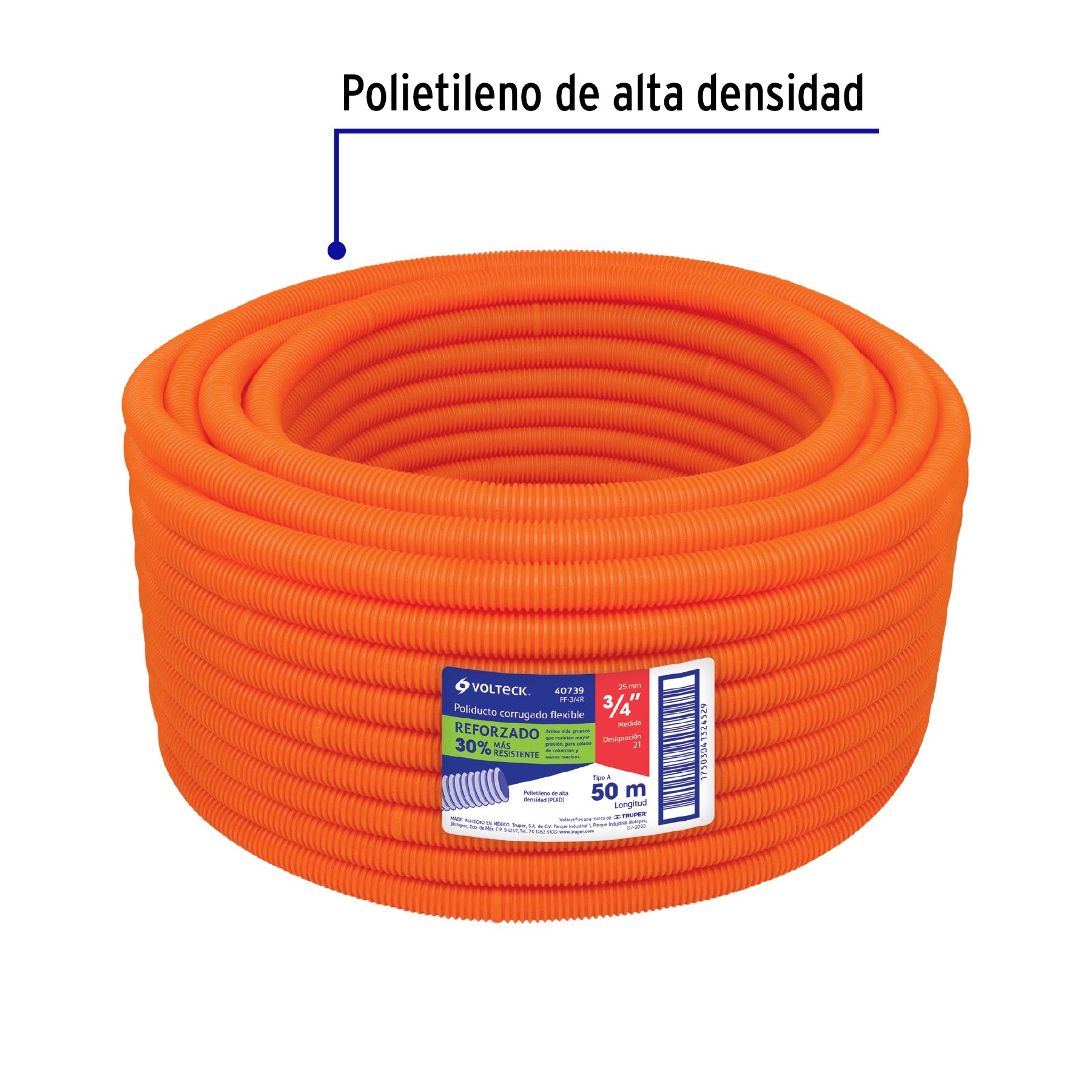 Metro de poliducto 3/4' corrugado flex. reforz. s/guía, 50m
