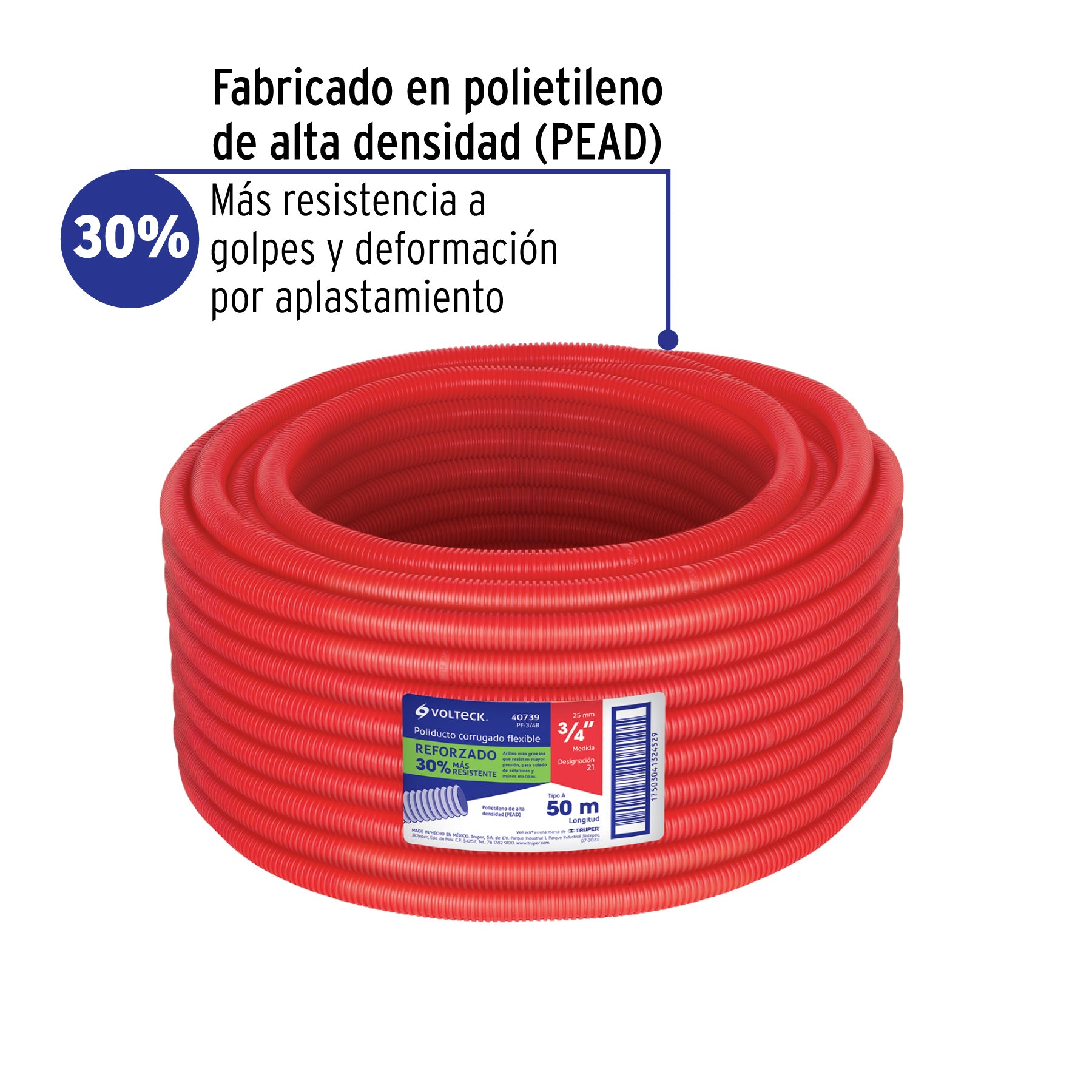 Metro de poliducto 3/4' corrugado flex. reforz. s/guía, 50m
