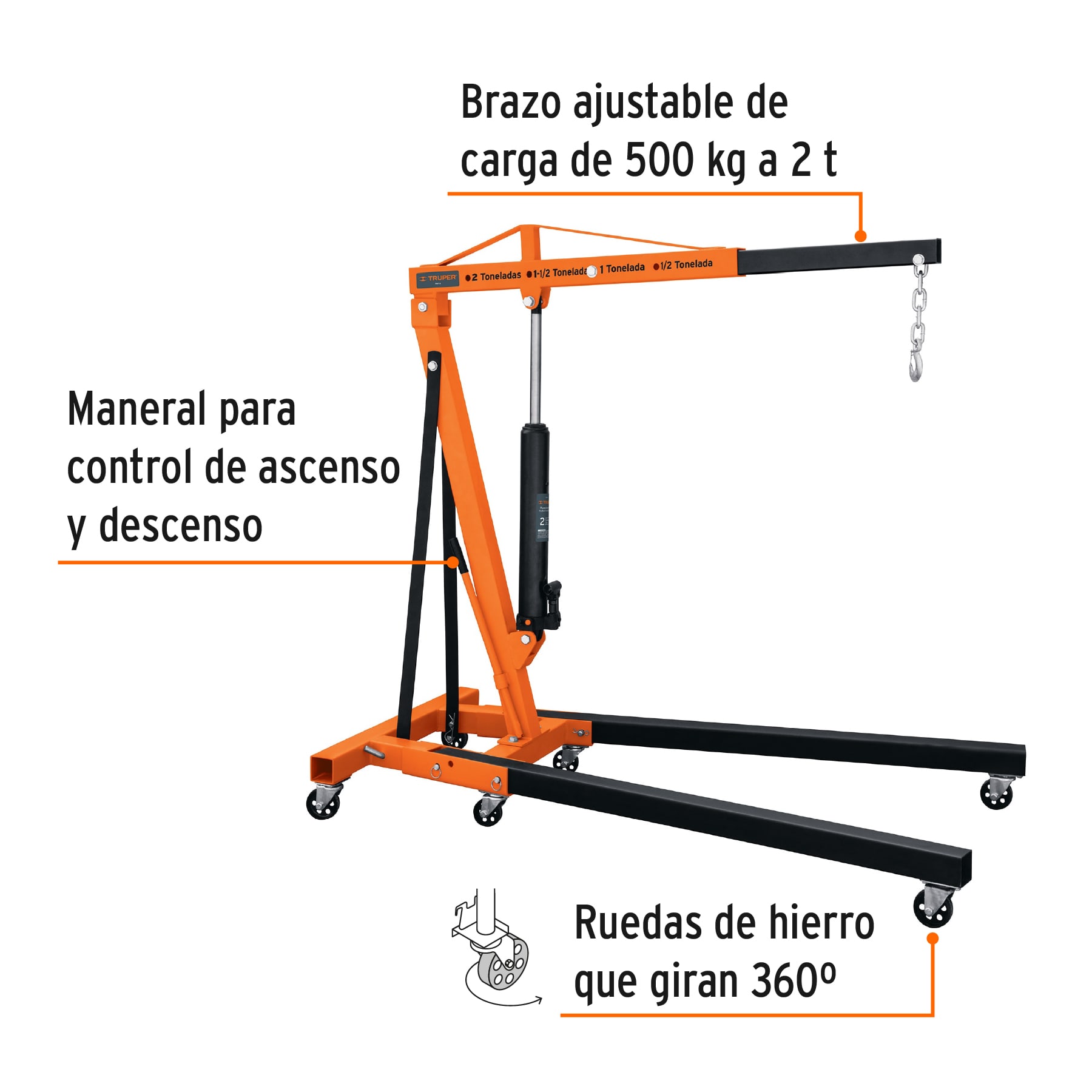 Pluma hidráulica, brazo ajustable, 2 toneladas