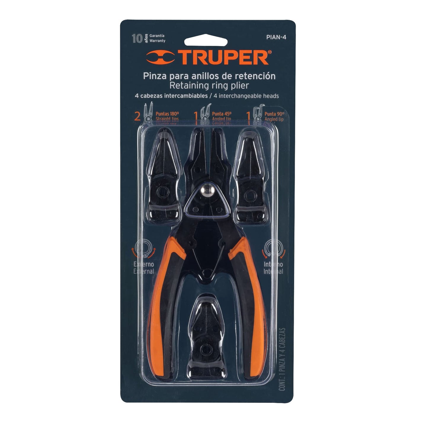 Pinza para anillos de retención, 4 cabezas intercambiables