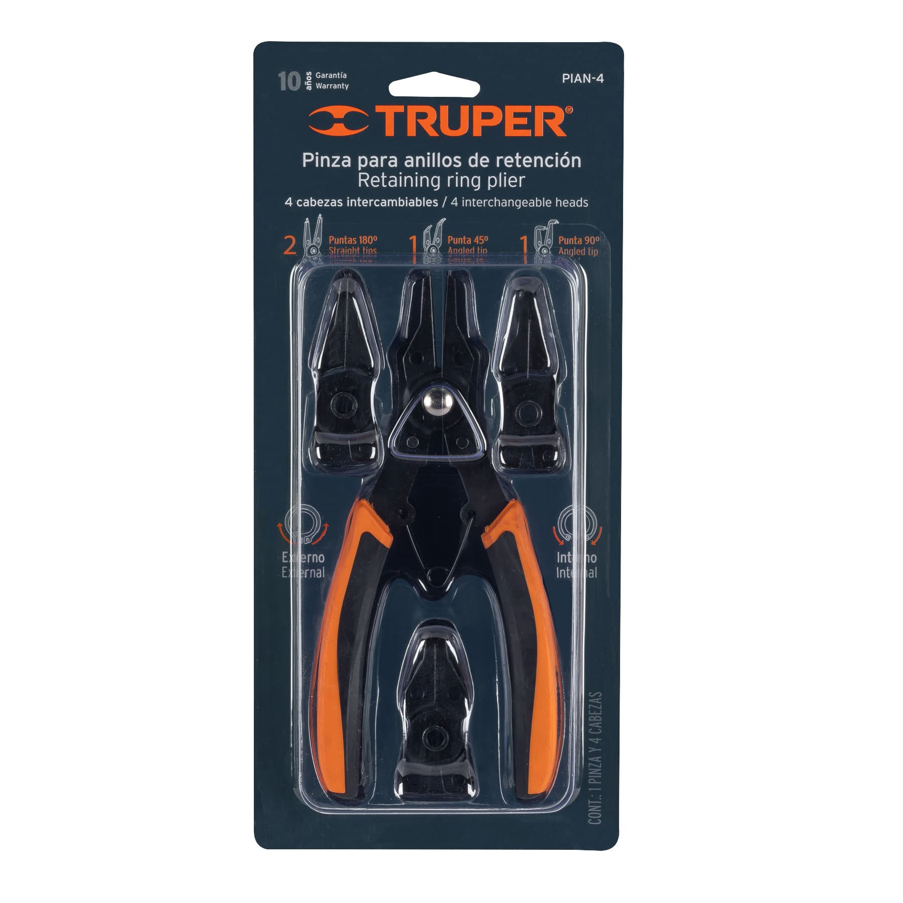 Pinza para anillos de retención, 4 cabezas intercambiables