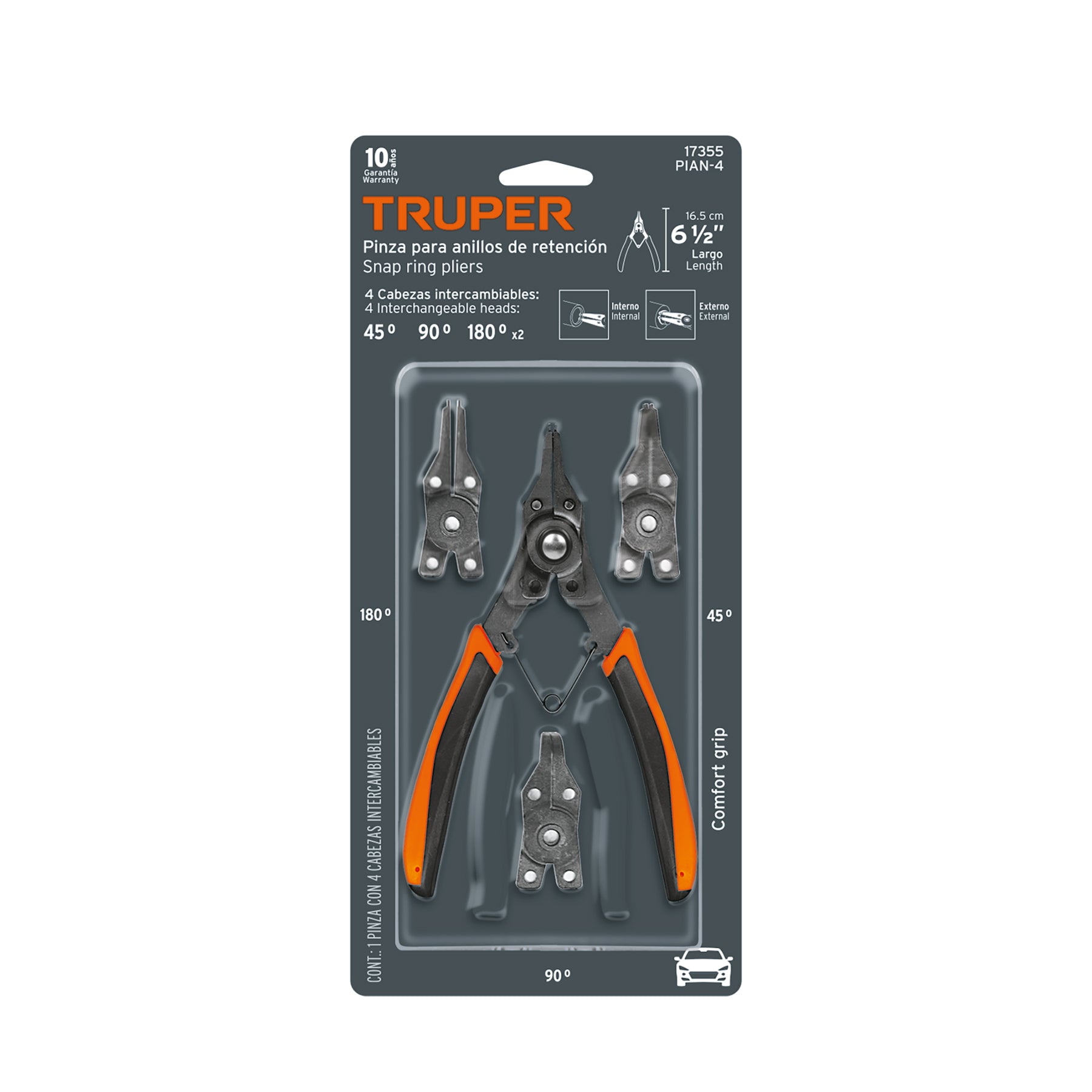 Pinza para anillos de retención, 4 cabezas intercambiables