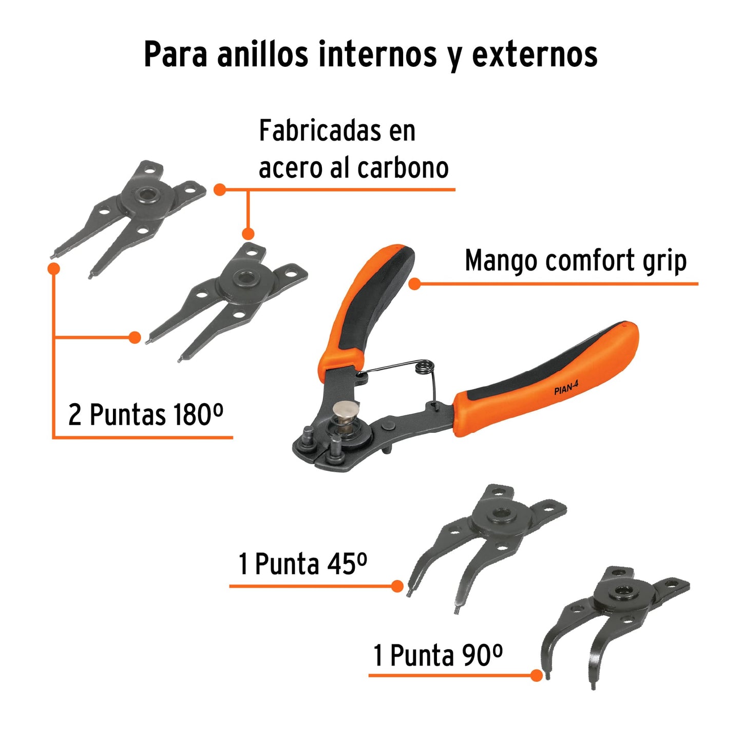Pinza para anillos de retención, 4 cabezas intercambiables