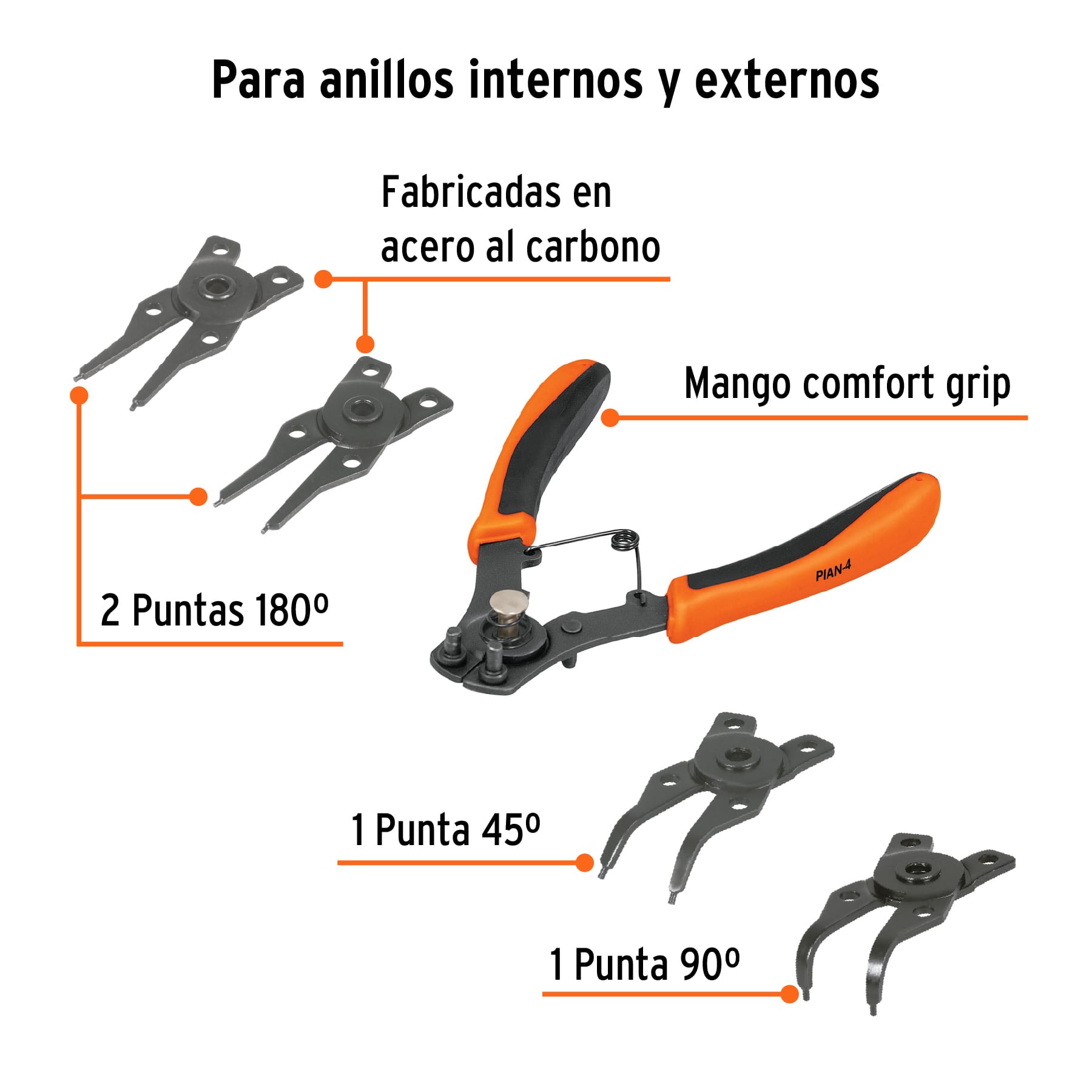 Pinza para anillos de retención, 4 cabezas intercambiables