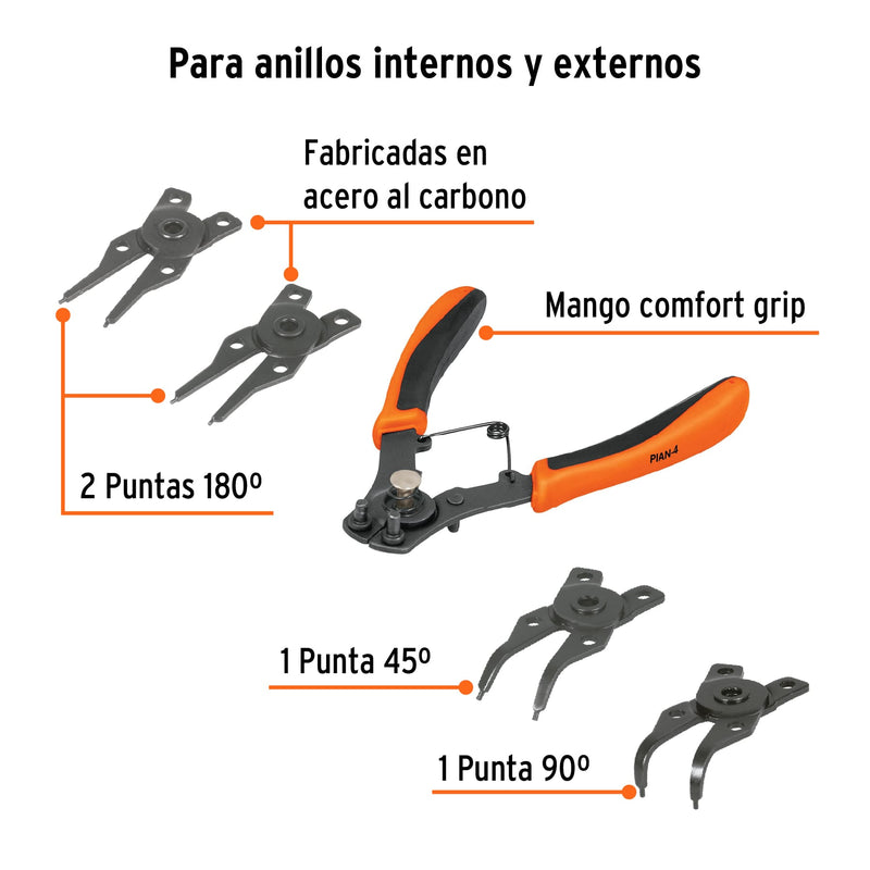 Pinza para anillos de retención, 4 cabezas intercambiables