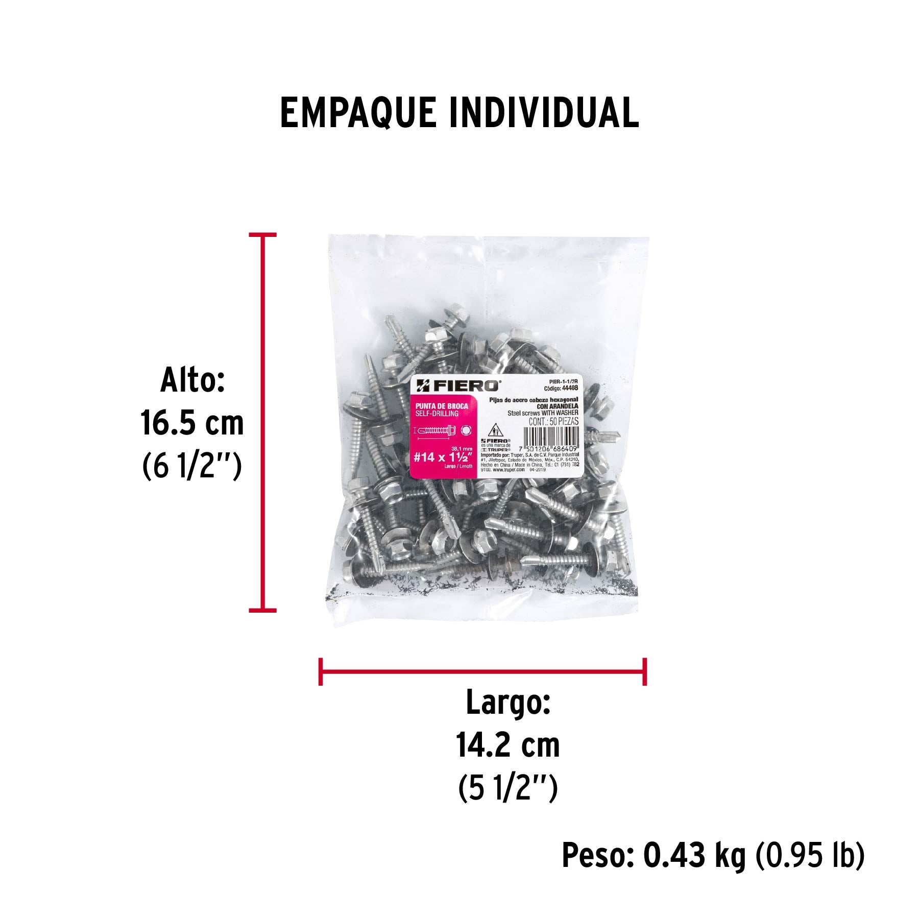 Pijas punta de broca, 1-1/2" con rondanas, caja con 50 pzas