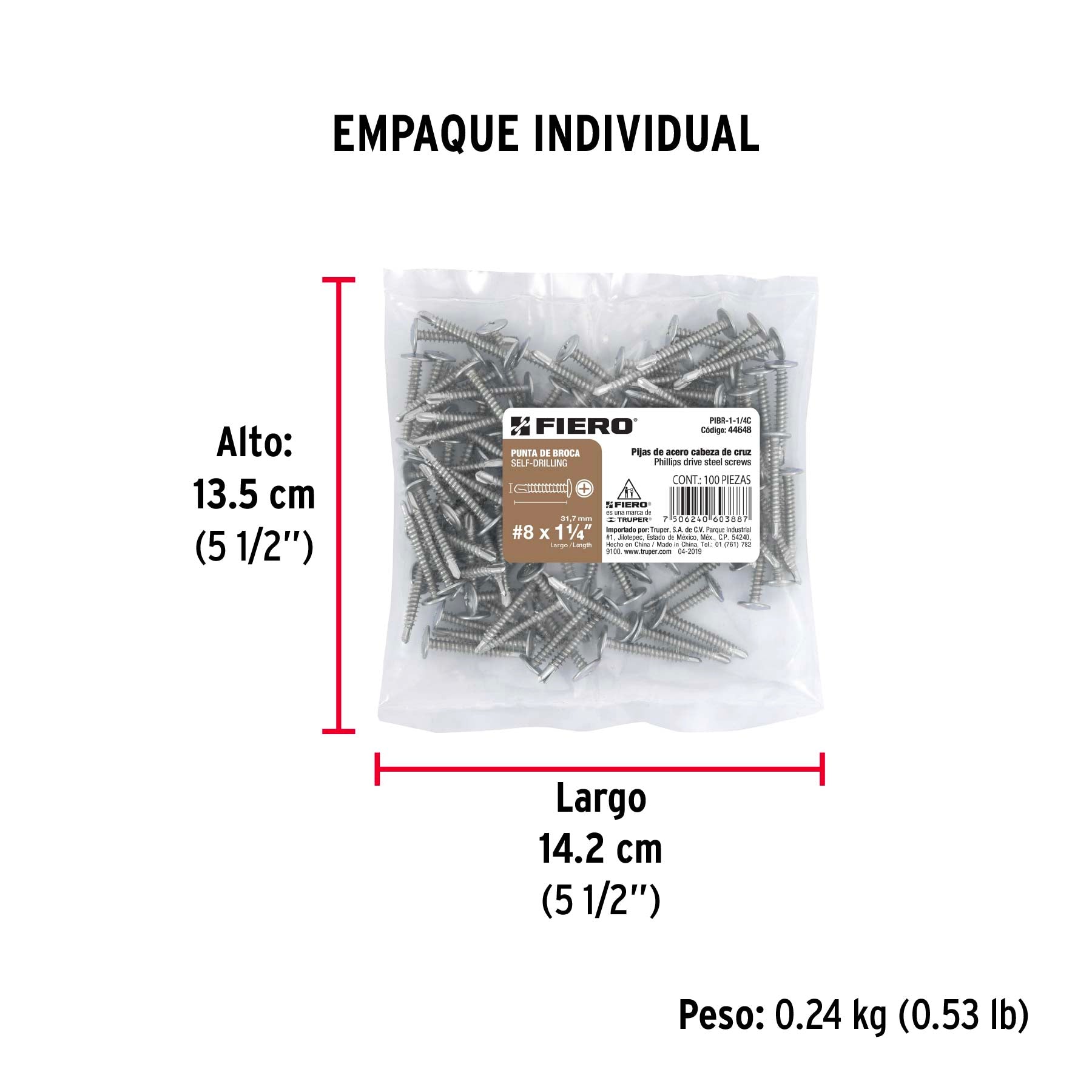 Pijas punta de broca 1-1/4", cabeza cruz, caja con 100 pzas