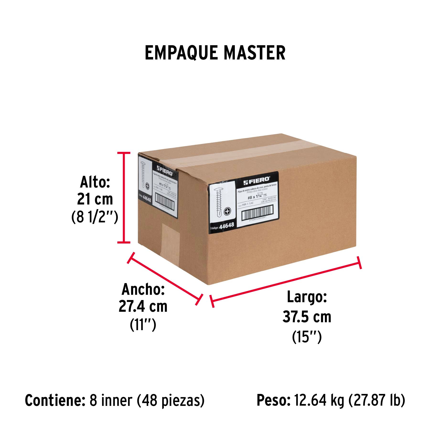 Pijas punta de broca 1-1/4", cabeza cruz, caja con 100 pzas