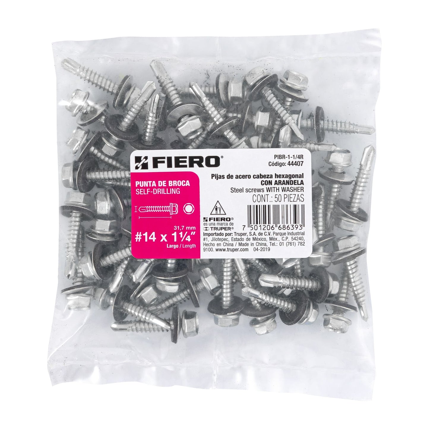 Pijas punta de broca, 1-1/4" con rondanas, caja con 50 pzas