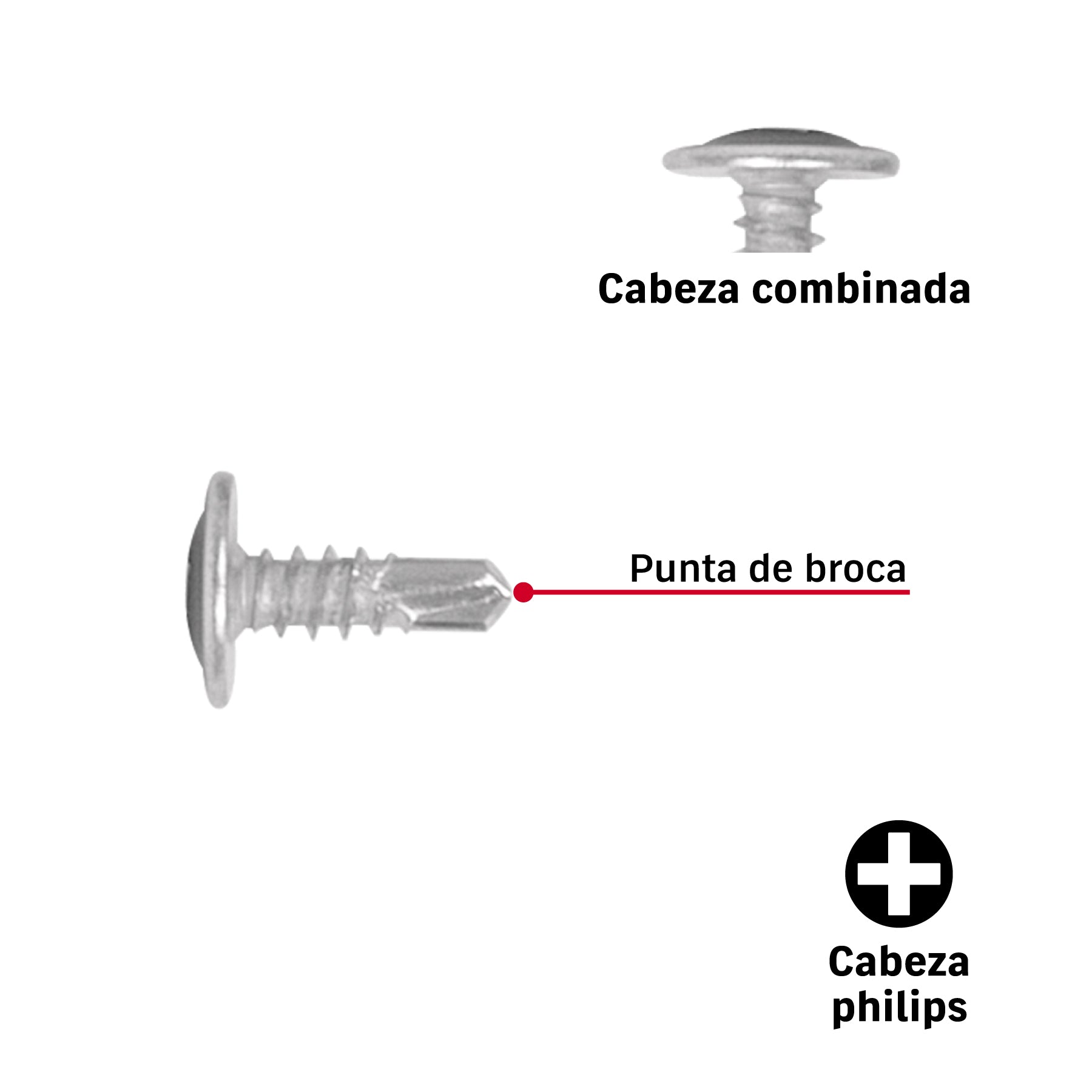 Pijas punta de broca 1/2", cabeza cruz, caja con 100 pzas
