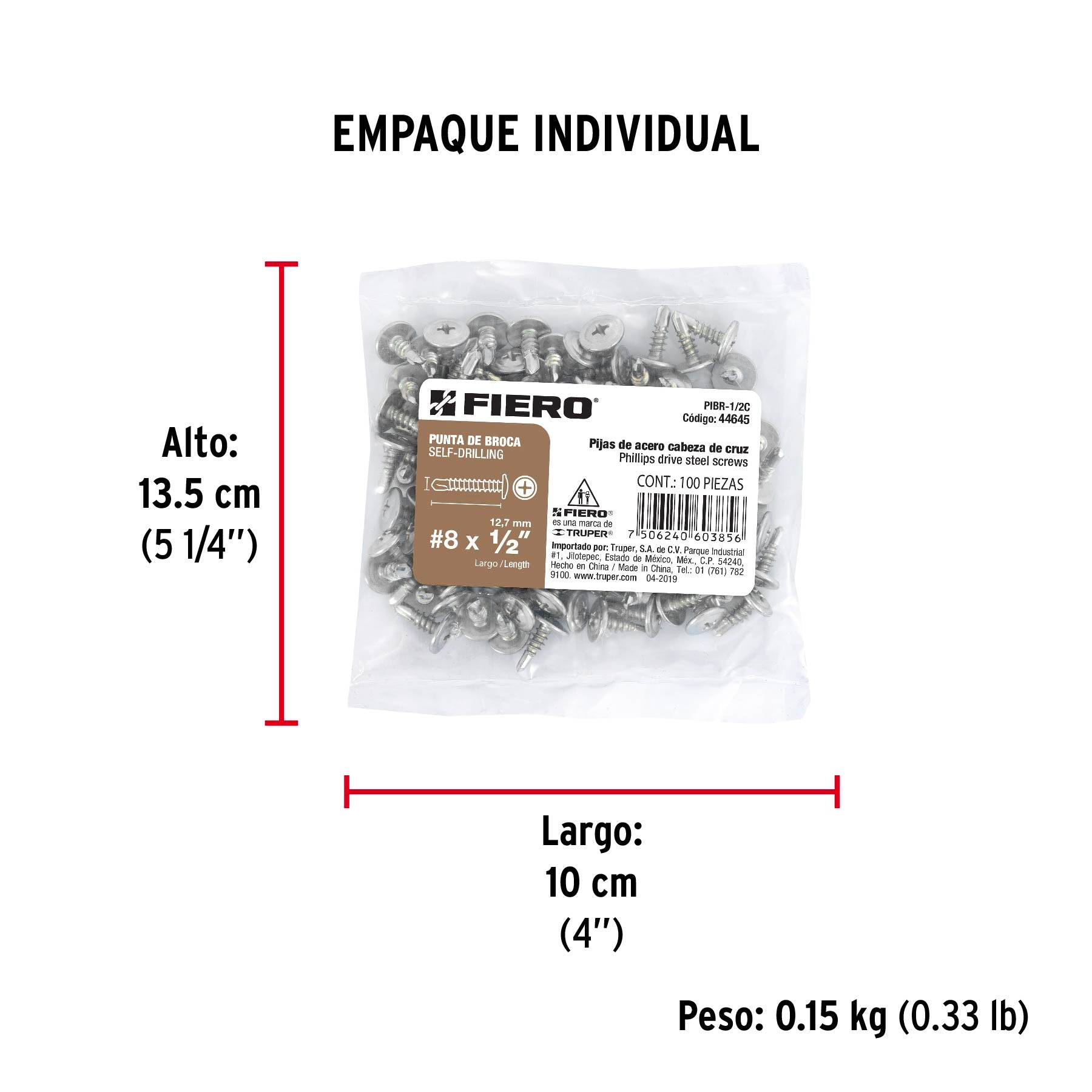 Pijas punta de broca 1/2", cabeza cruz, caja con 100 pzas
