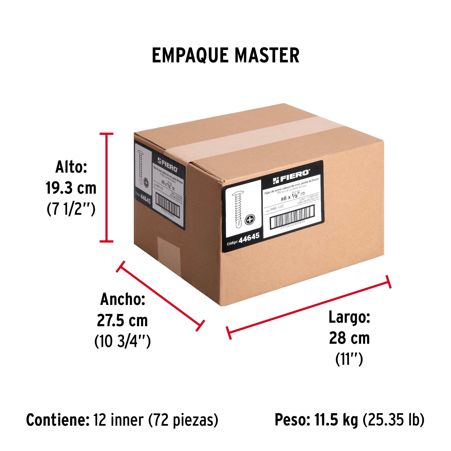 Pijas punta de broca 1/2", cabeza cruz, caja con 100 pzas