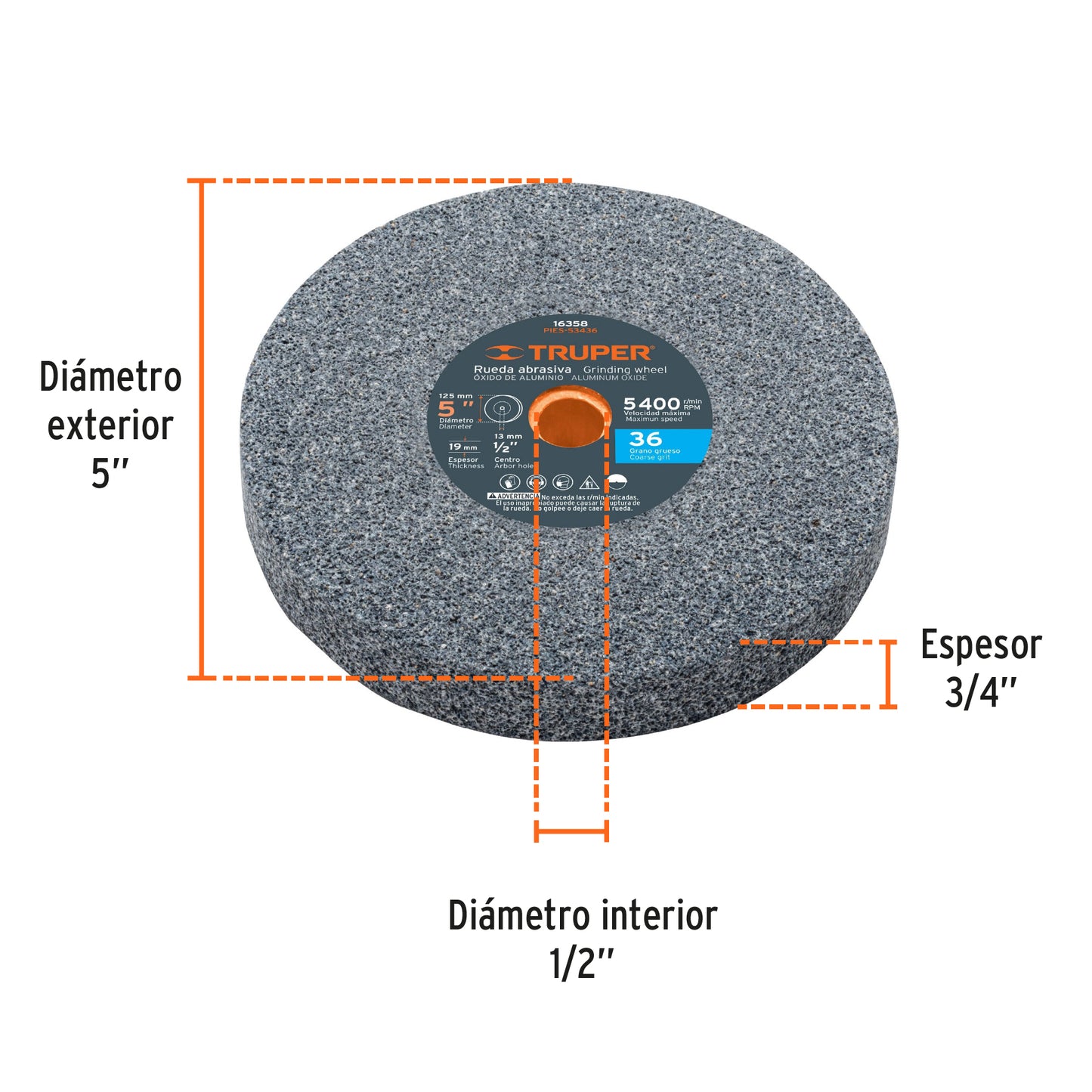 Piedra para esmeril 5 x 3/4" óxido de aluminio, grano 36