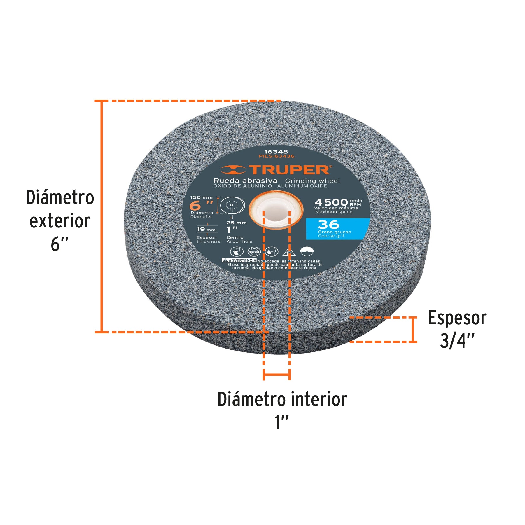 Piedra para esmeril 6 x 3/4" óxido de aluminio, grano 36