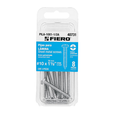 Blíster con 8 pijas para lámina, #10 x 1-1/2', Fiero NUEVO