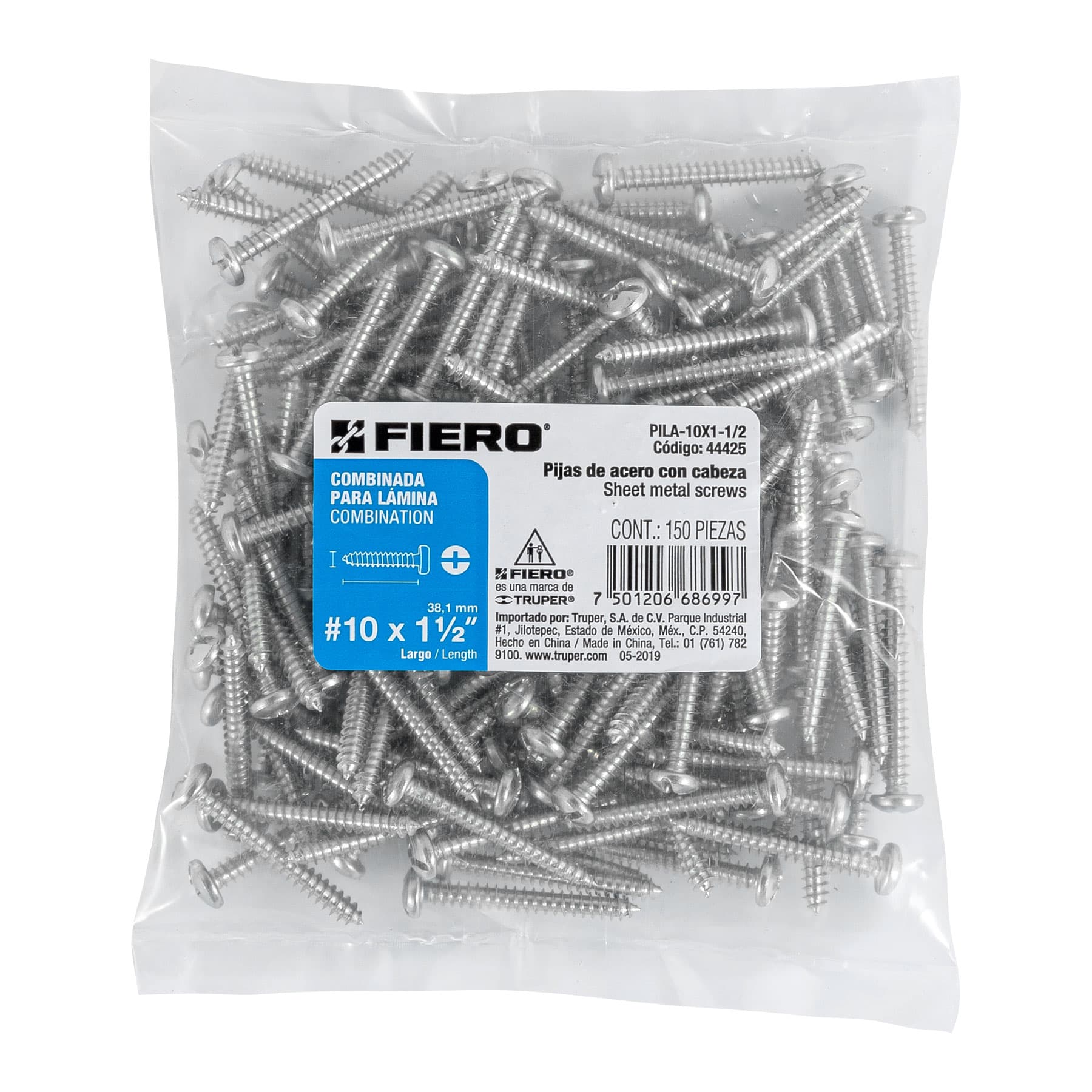 Pijas para lámina, #10, 1-1/2", caja con 150 pzas