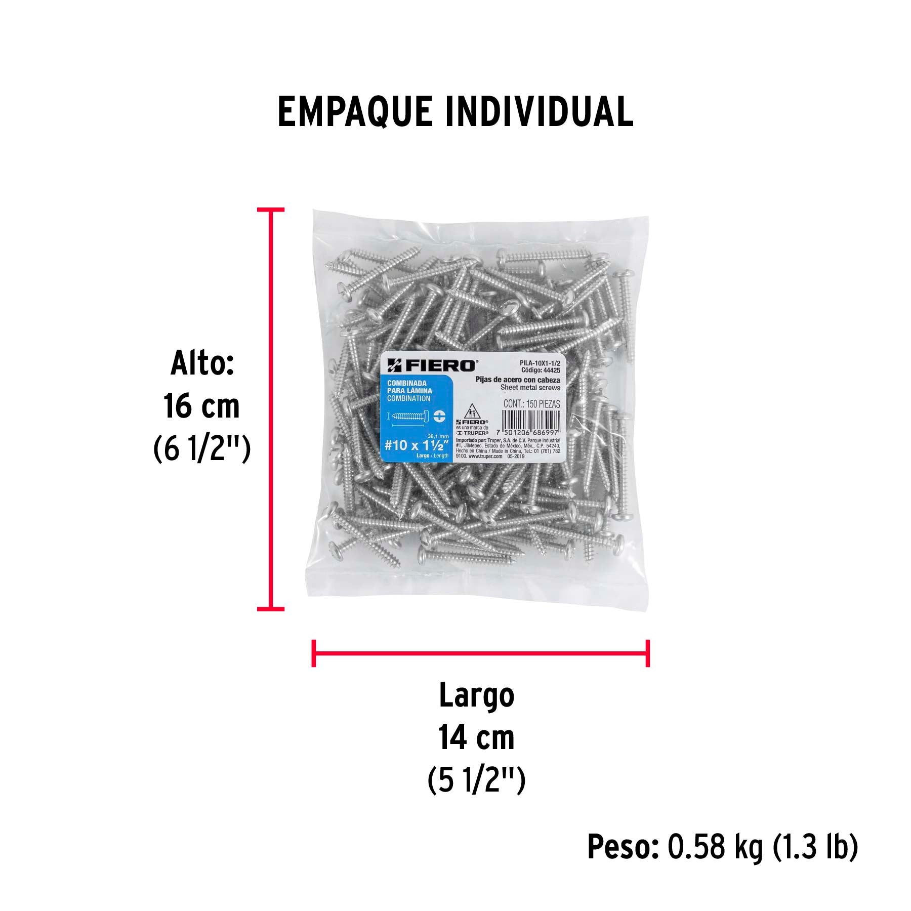 Pijas para lámina, #10, 1-1/2", caja con 150 pzas