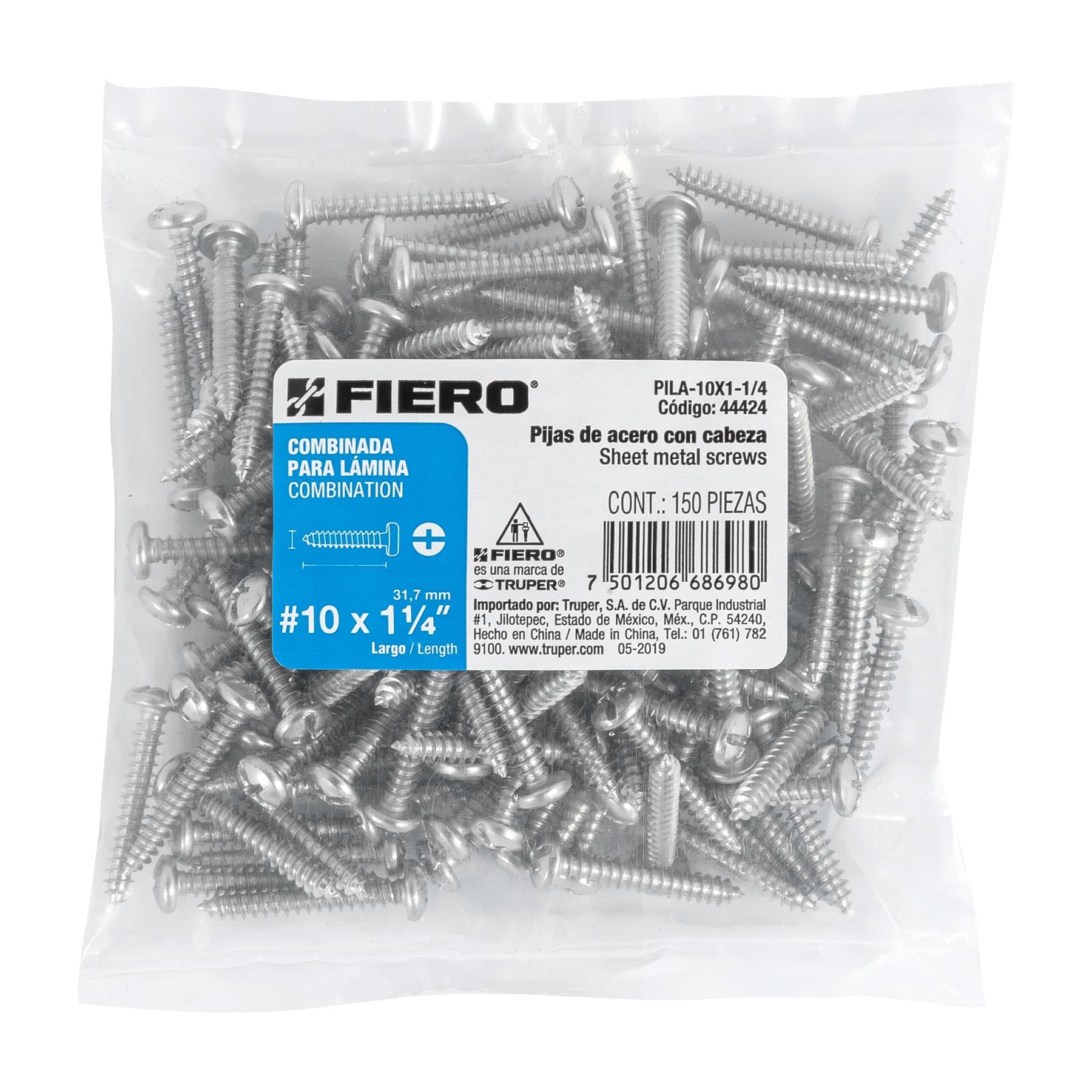 Pijas para lámina, #10, 1-1/4", caja con 150 pzas