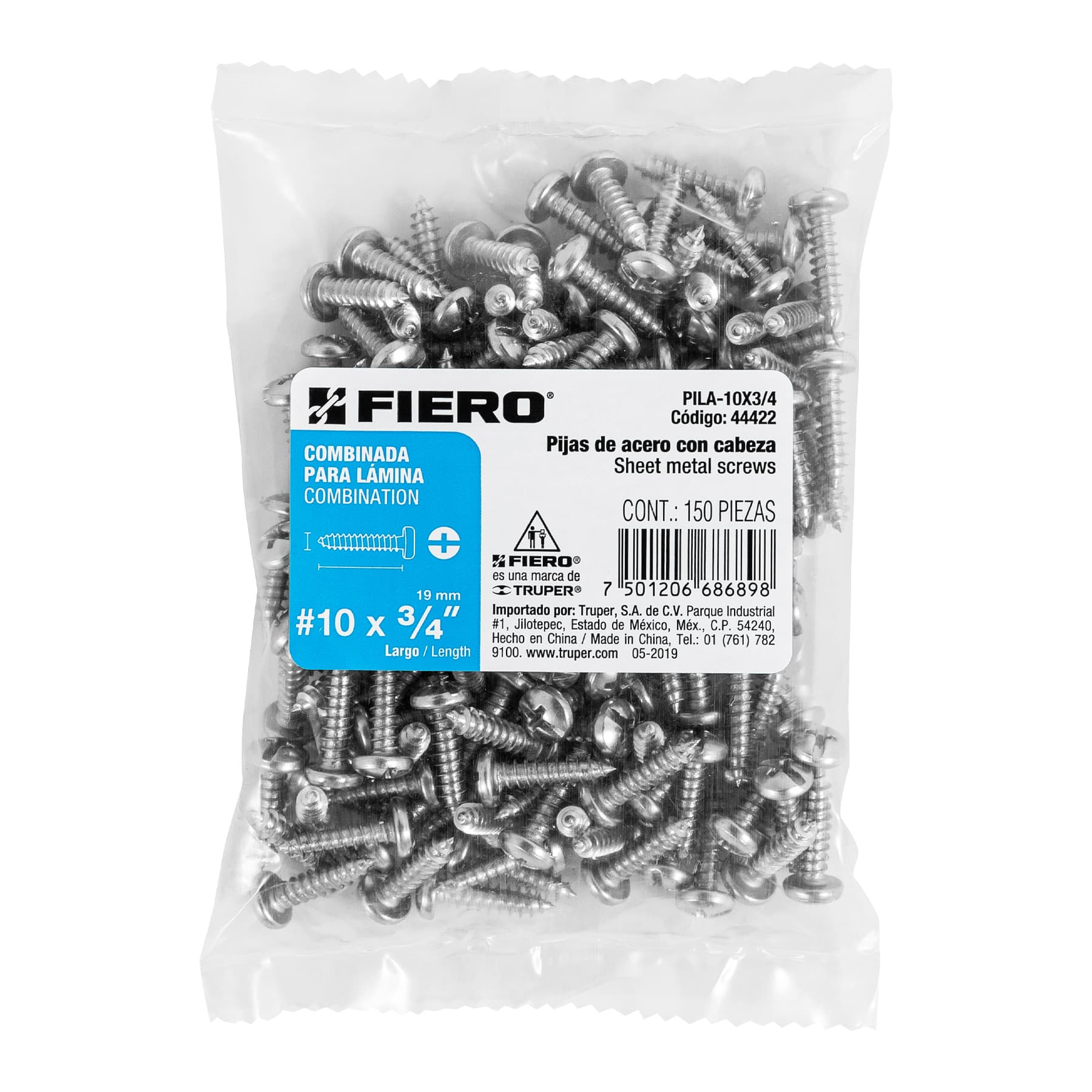 Pijas para lámina, #10, 3/4", caja con 150 pzas