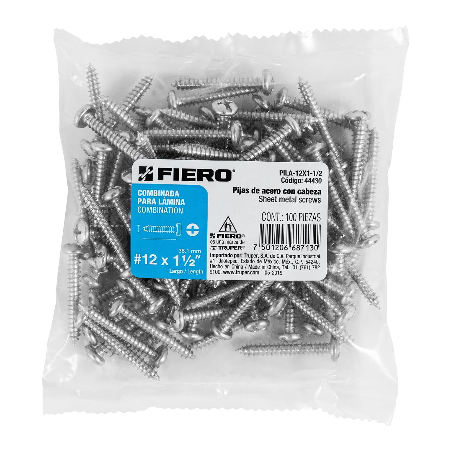 Pijas para lámina, #12, 1-1/2", caja con 100 pzas