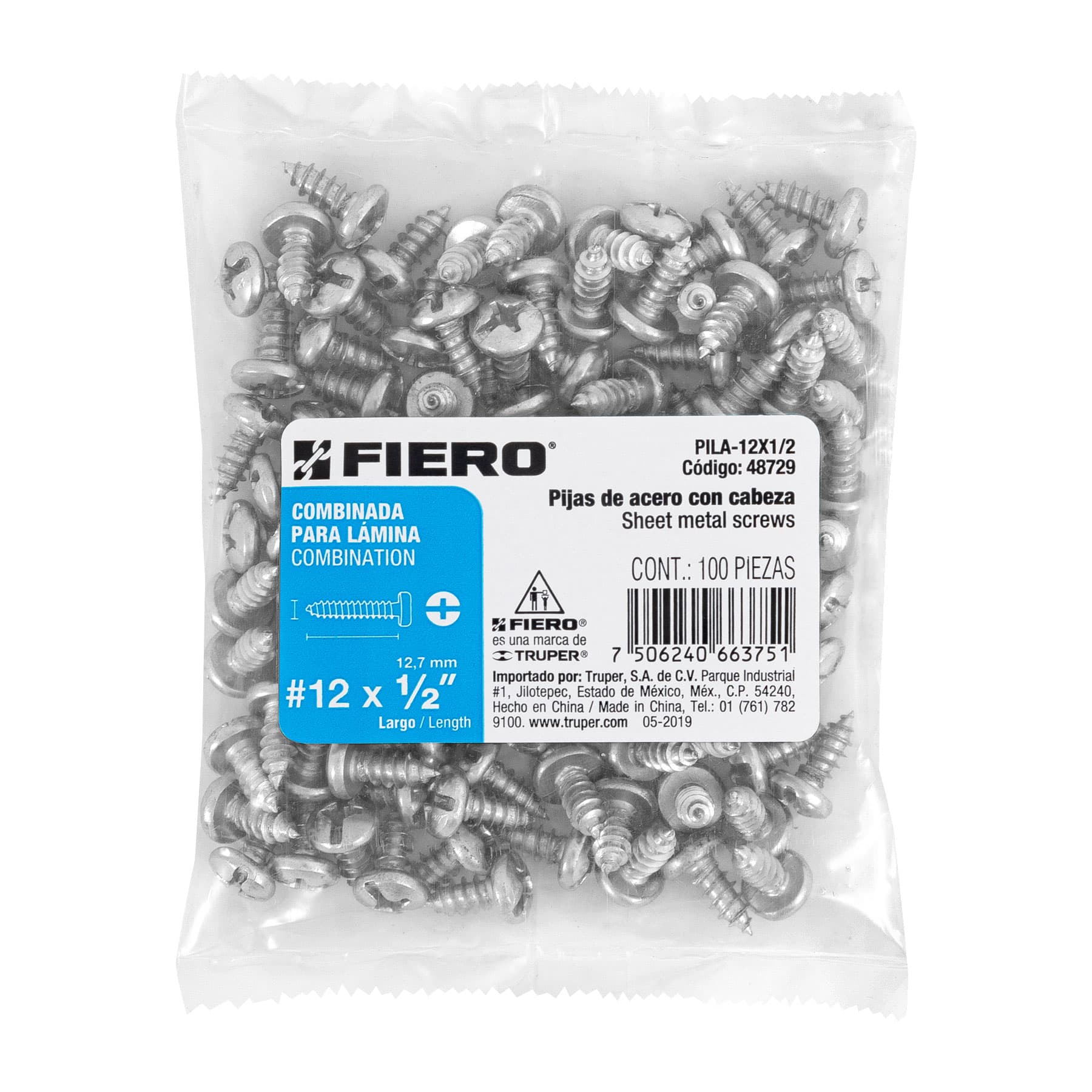 Pijas para lámina #12, 1/2" caja con 100 piezas