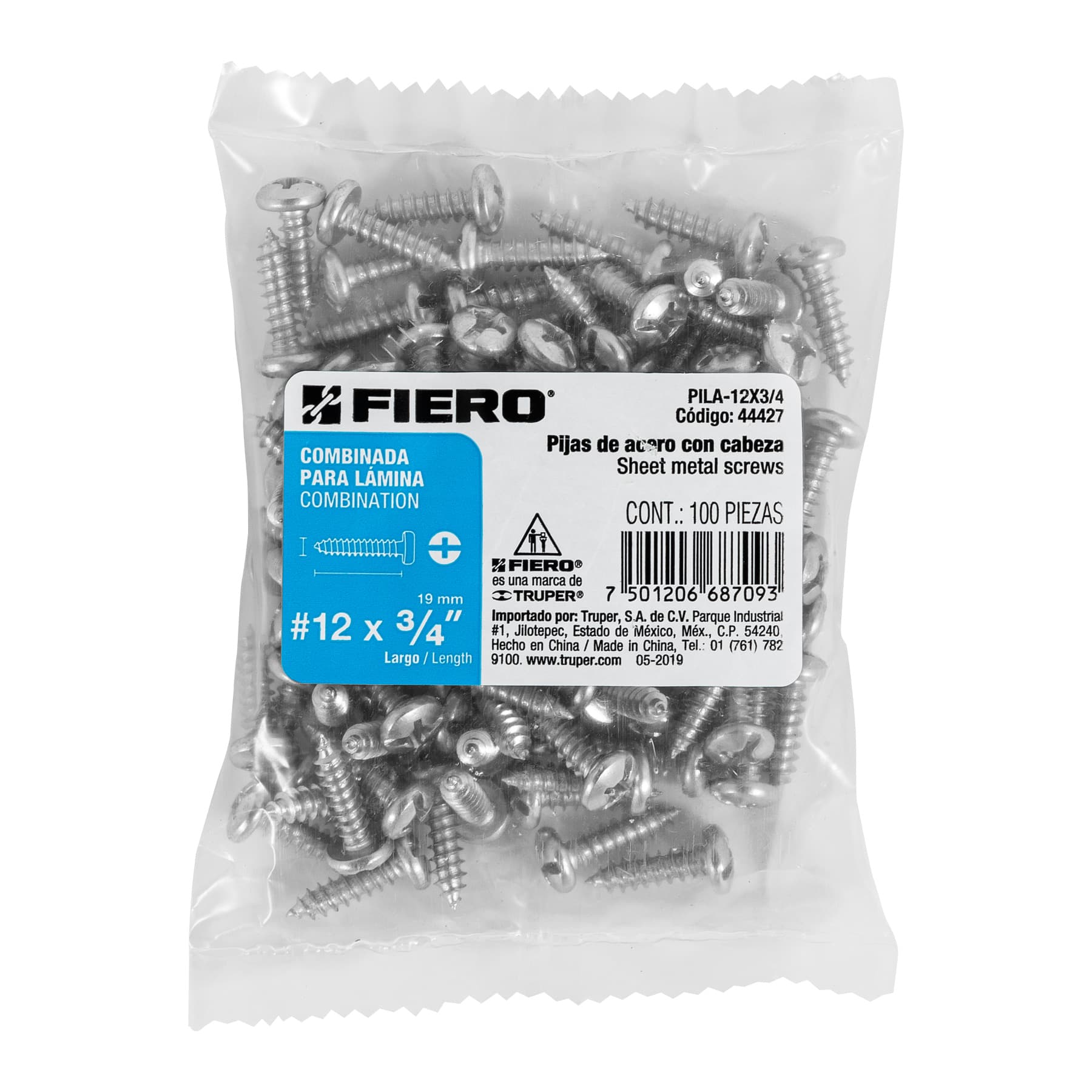 Pijas para lámina, #12, 3/4", caja con 100 pzas