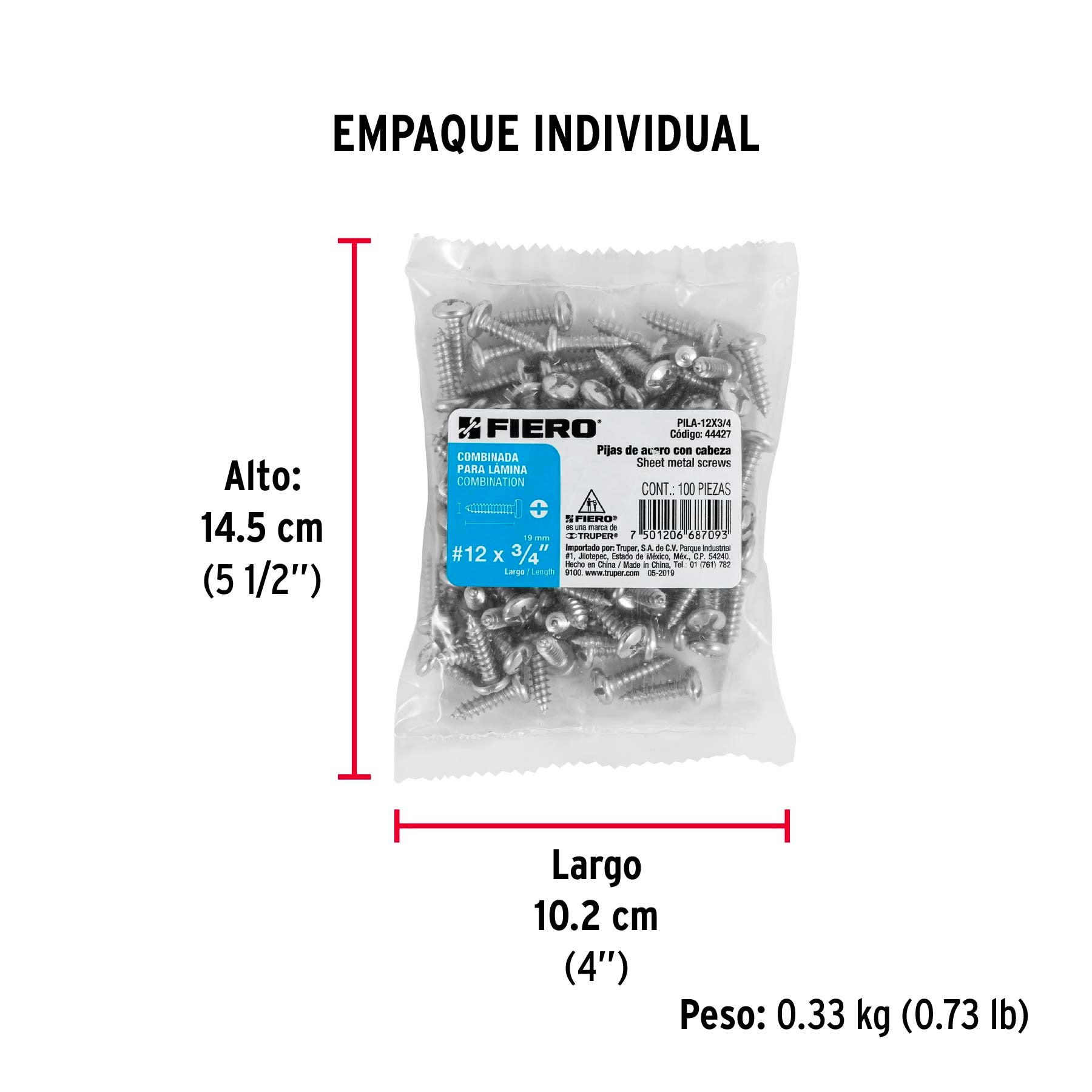 Pijas para lámina, #12, 3/4", caja con 100 pzas