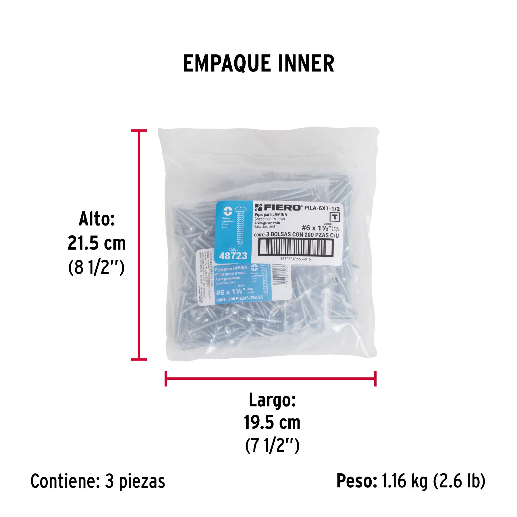 Pijas para lámina #6, 1-1/2" caja con 200 piezas