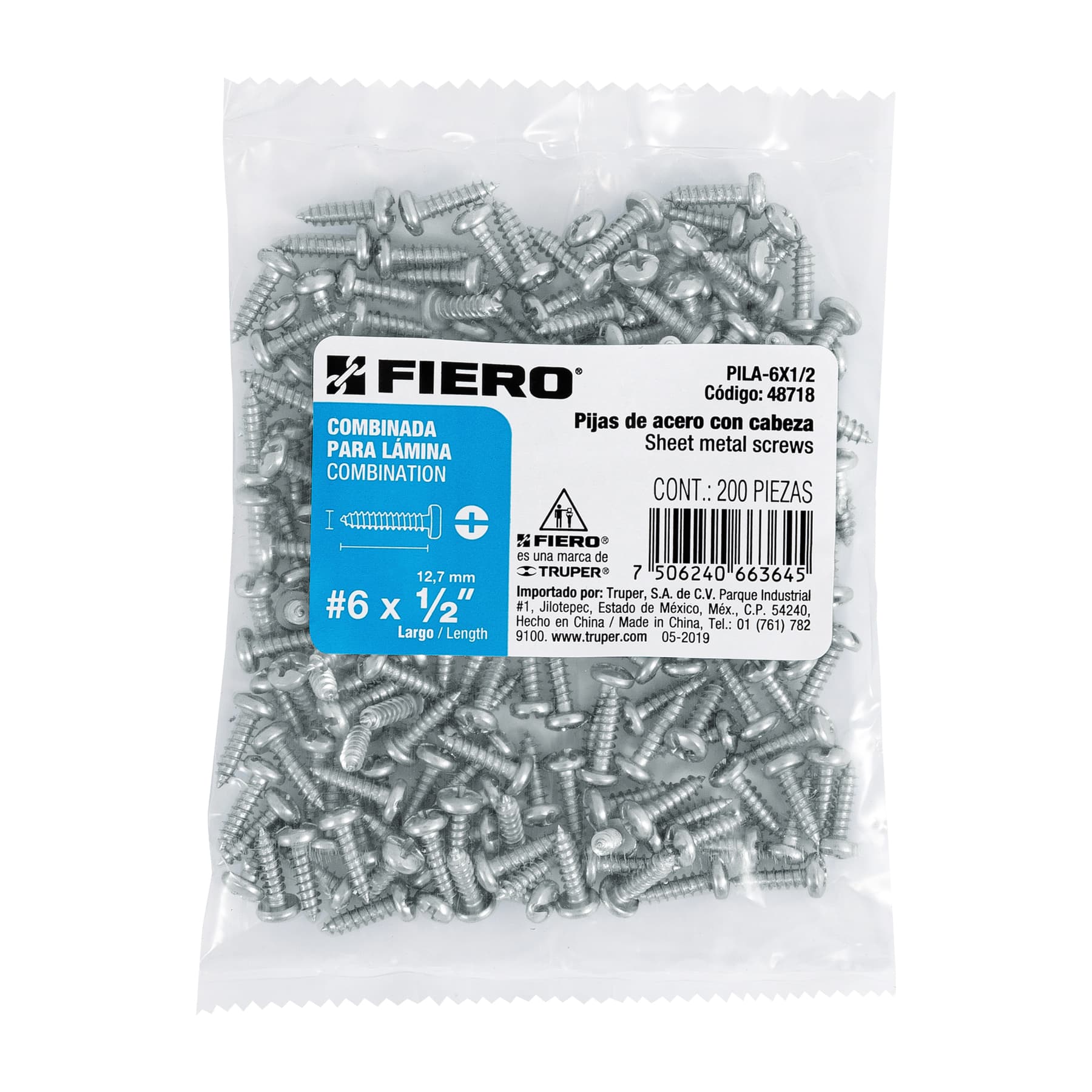Pijas para lámina #6, 1/2" caja con 200 piezas