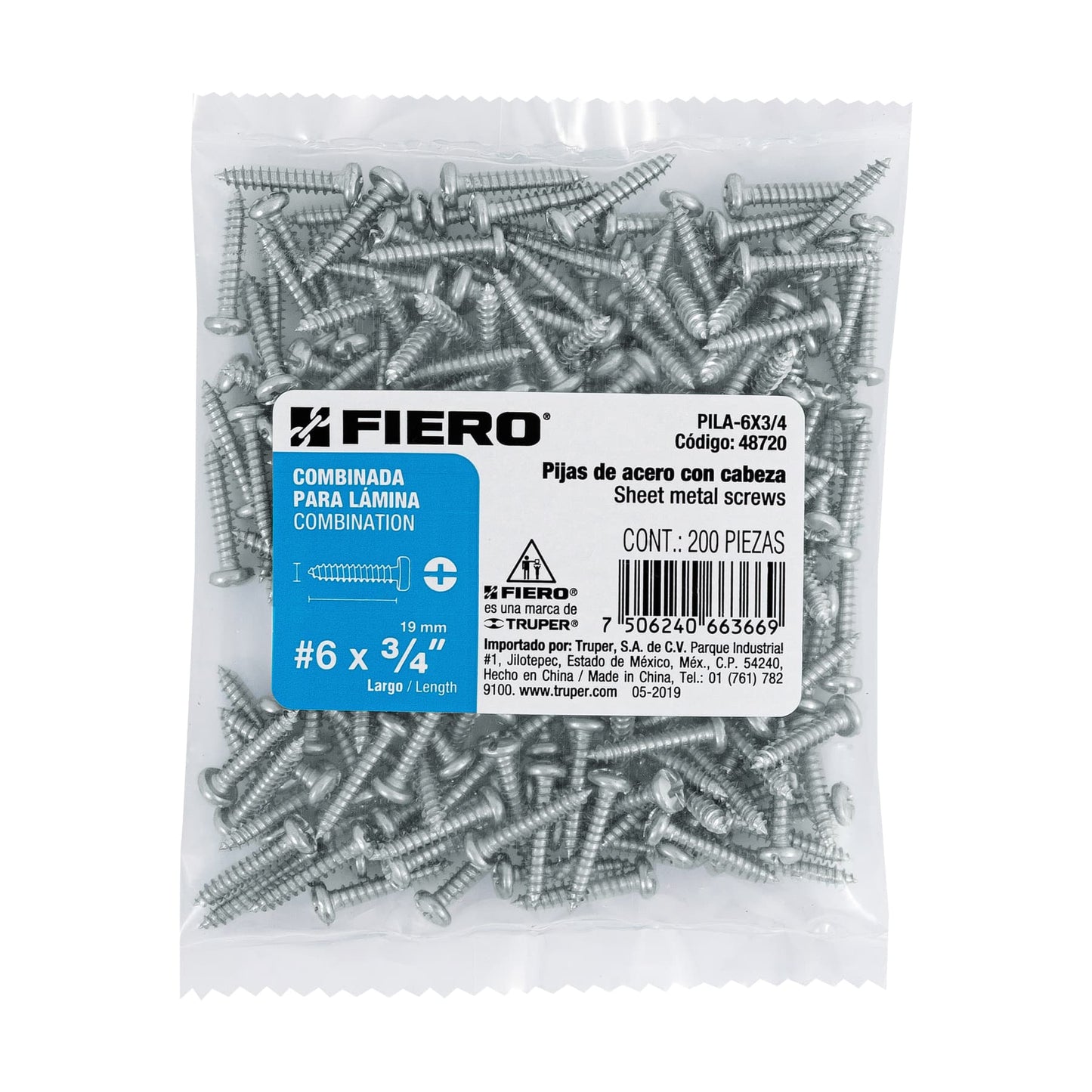Pijas para lámina #6, 3/4" caja con 200 piezas
