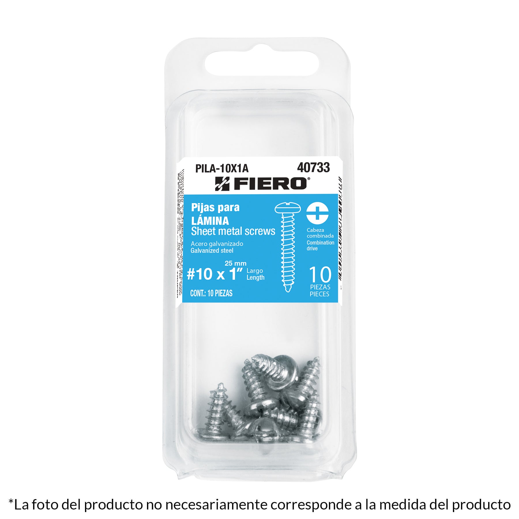 Blíster con 10 pijas para lámina, #8 x 1-1/2', Fiero