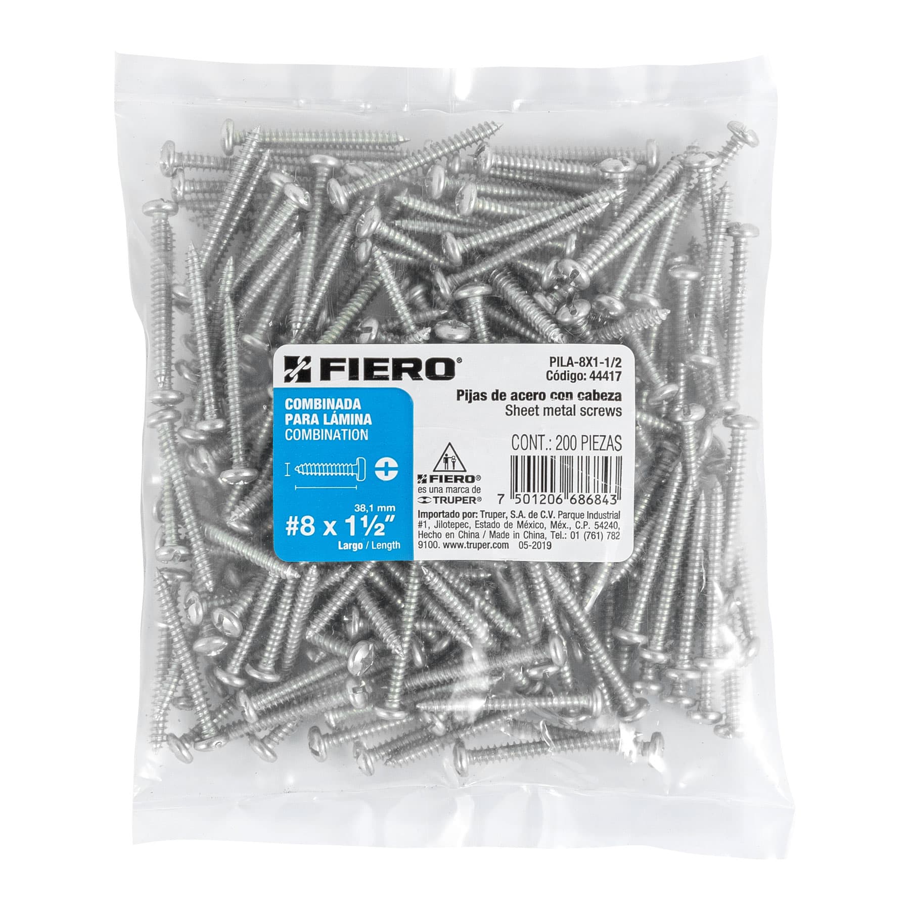 Pijas para lámina, #8, 1-1/2", caja con 200 pzas