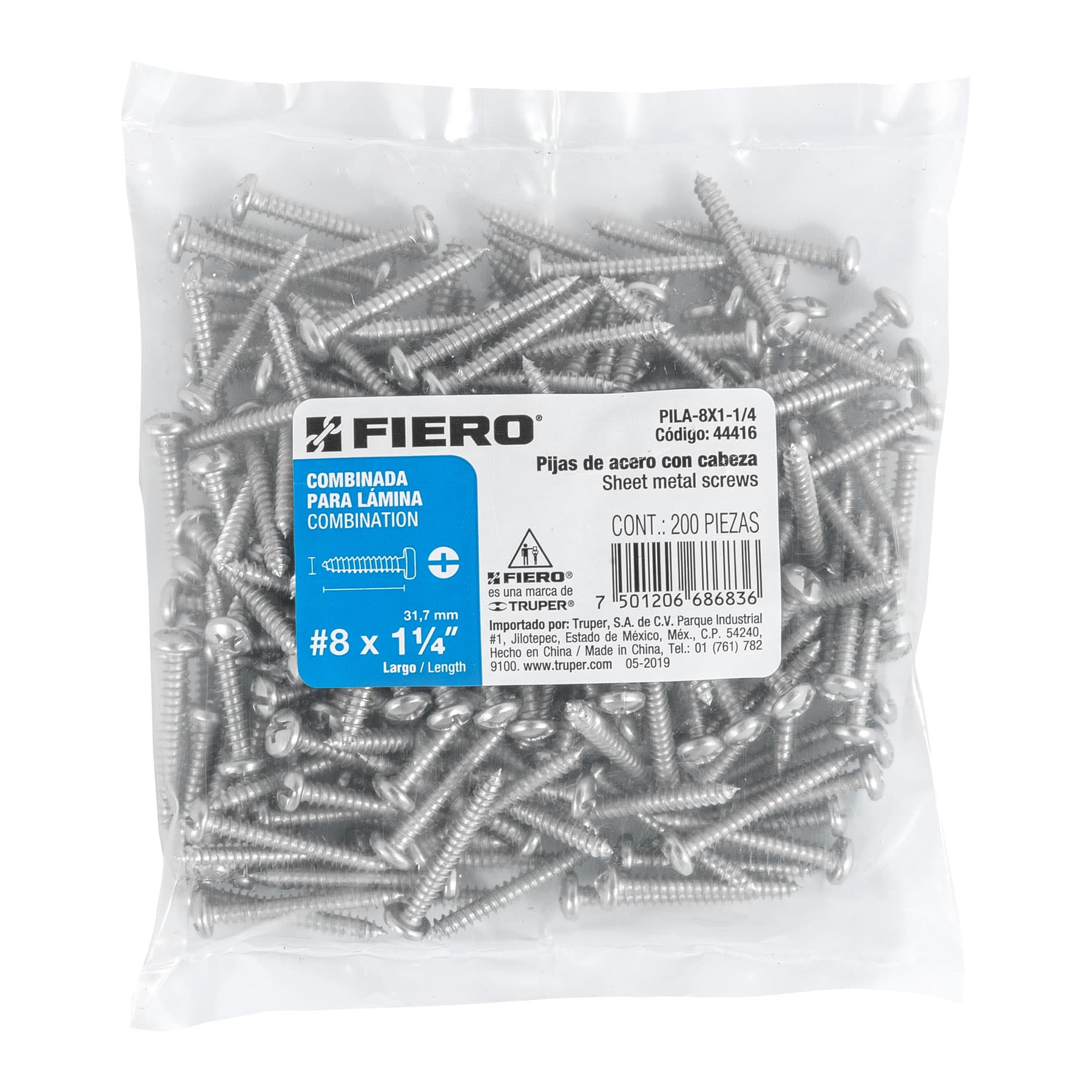 Pijas para lámina, #8, 1-1/4", caja con 200 pzas