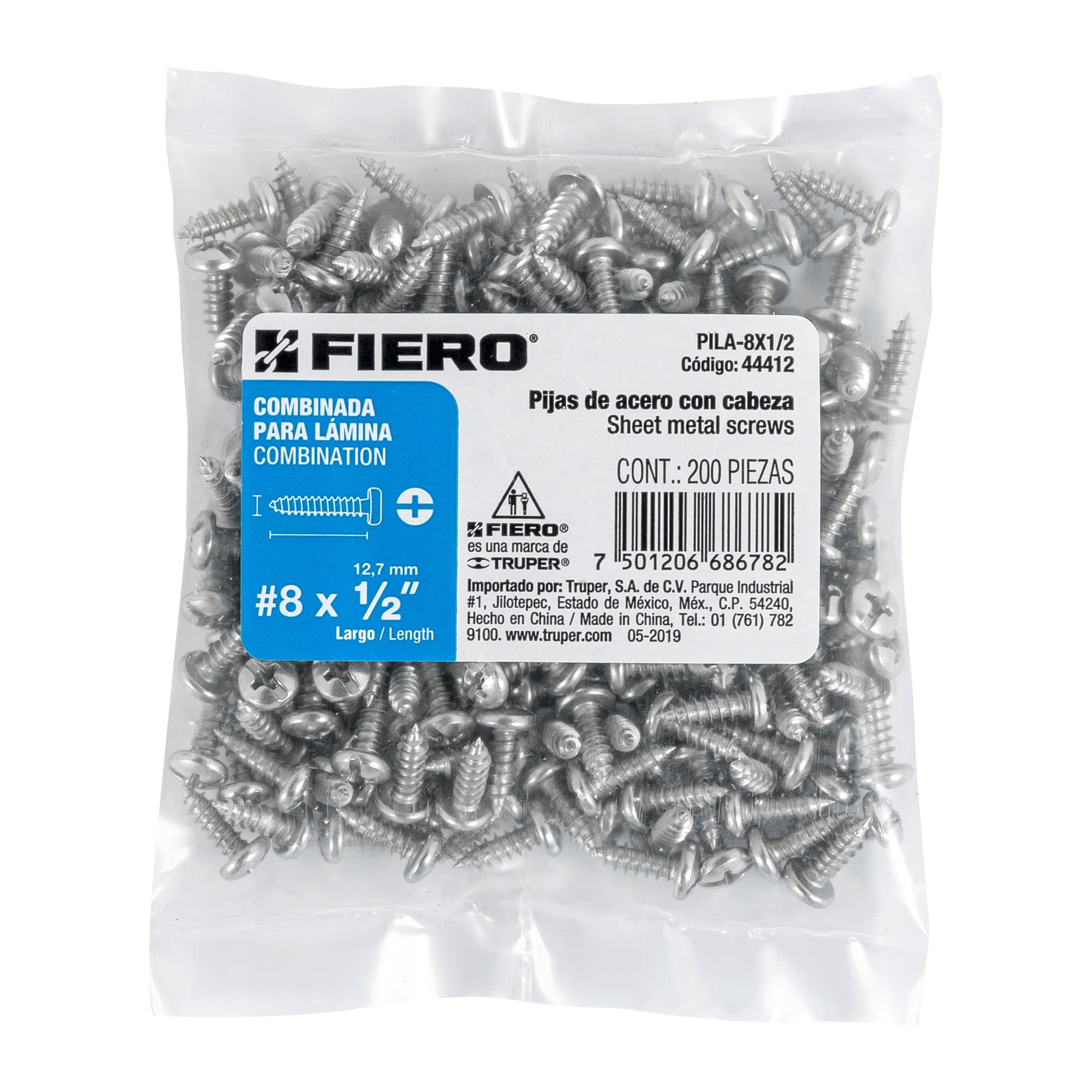 Pijas para lámina, #8, 1/2", caja con 200 pzas