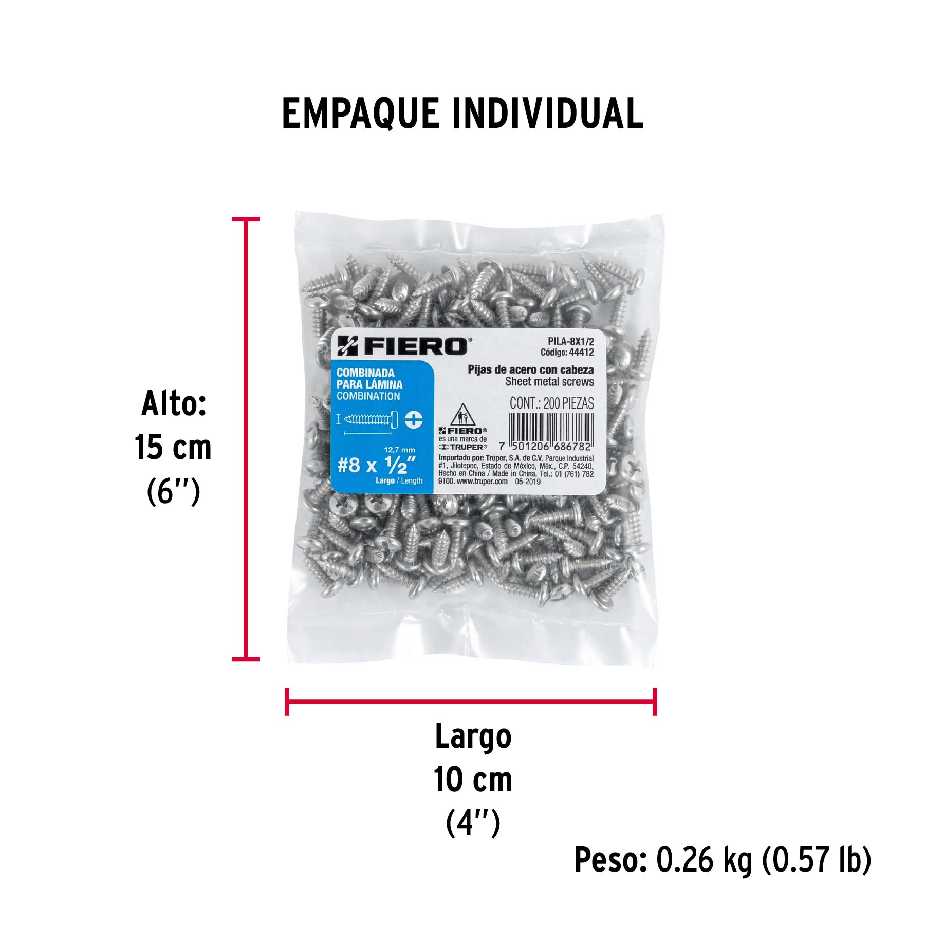 Pijas para lámina, #8, 1/2", caja con 200 pzas