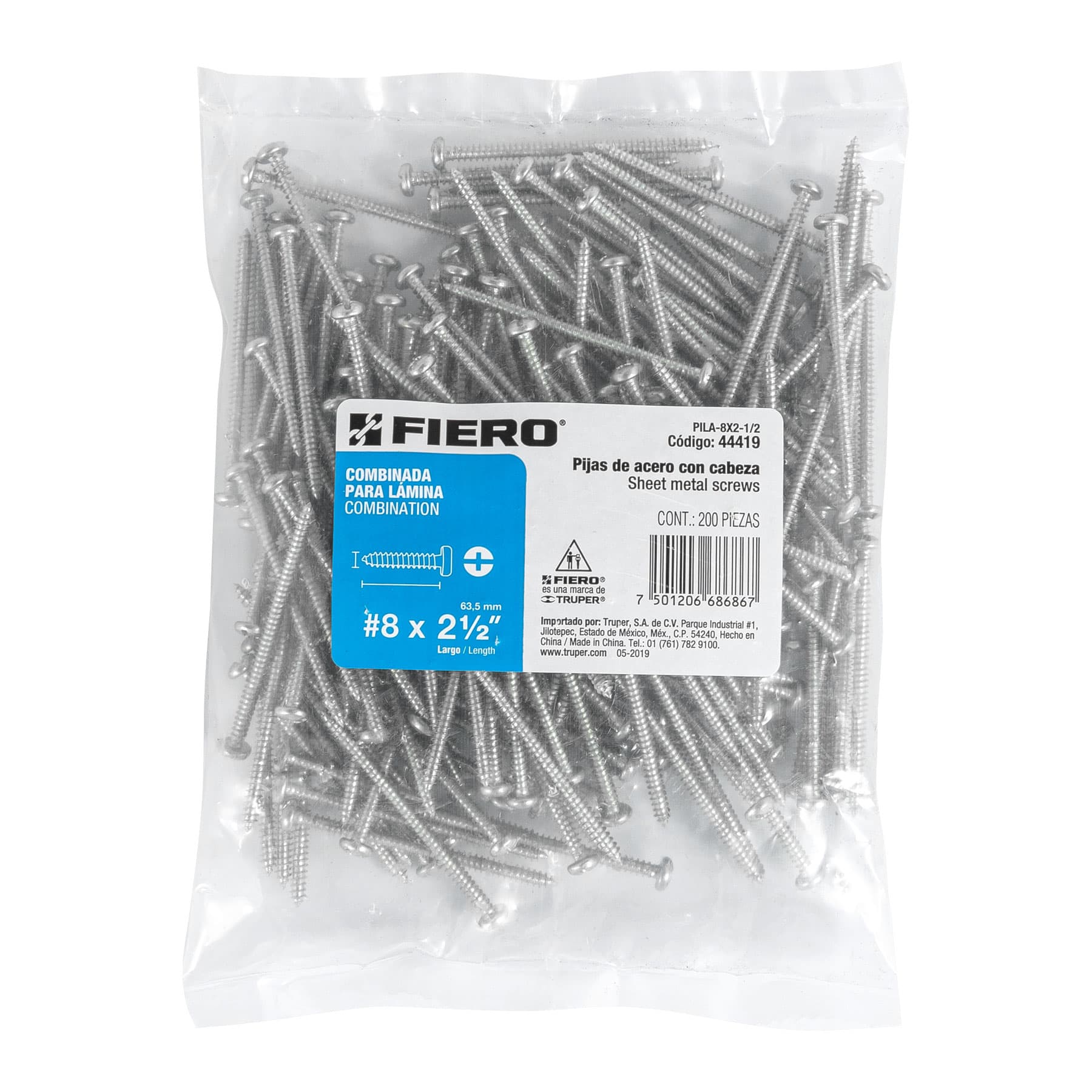 Pijas para lámina, #8, 2-1/2", caja con 200 pzas