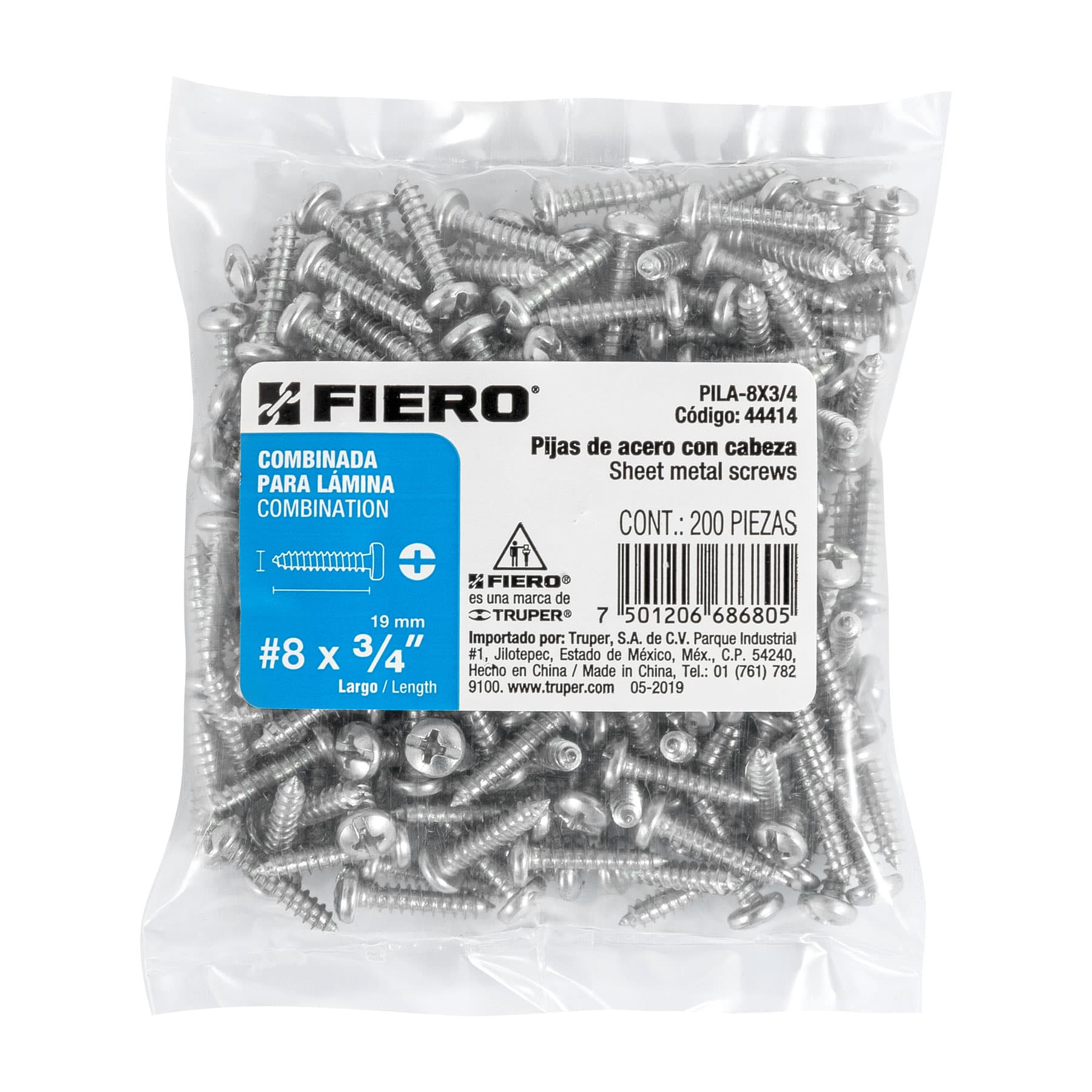 Pijas para lámina, #8, 3/4", caja con 200 pzas