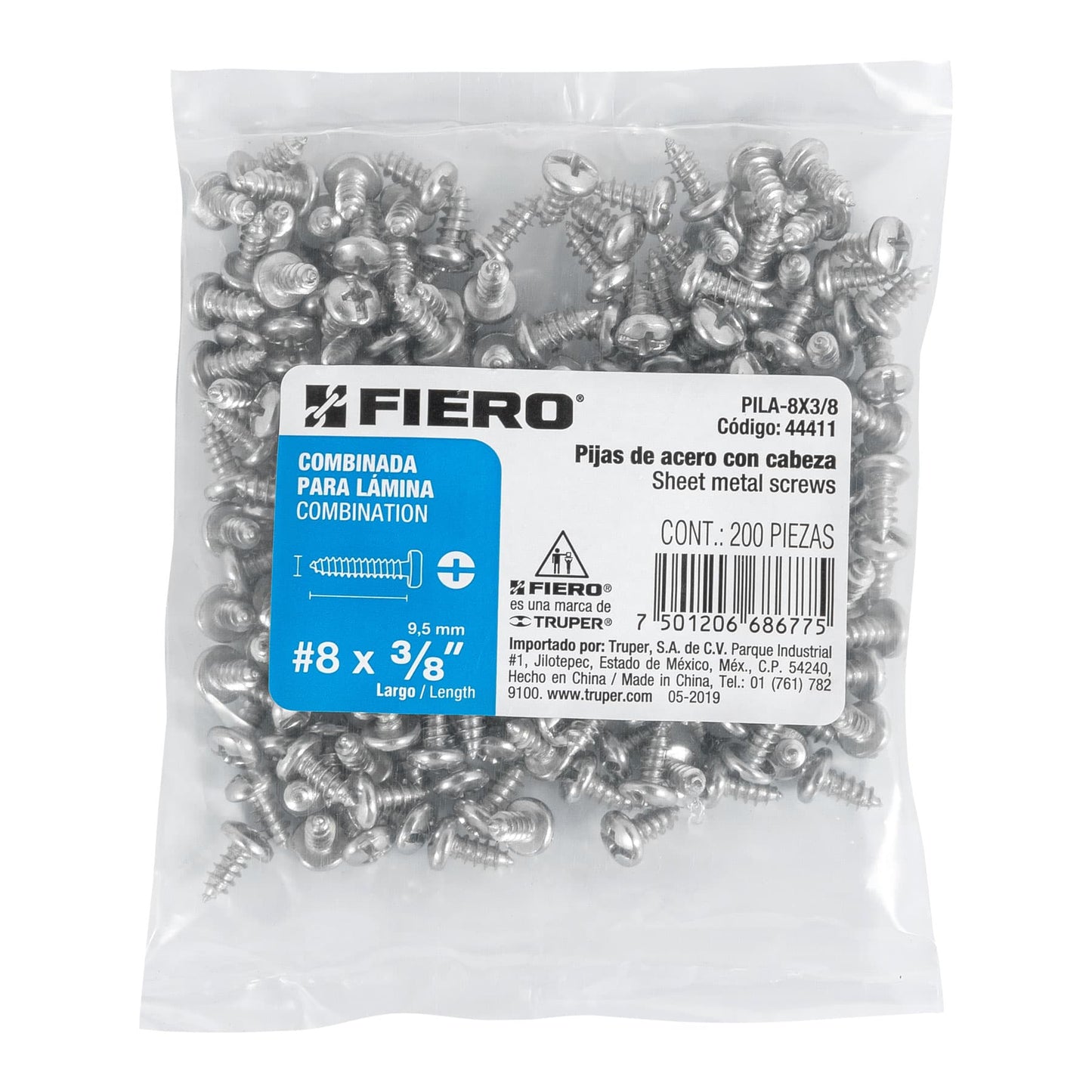Pijas para lámina, #8, 3/8", caja con 200 pzas