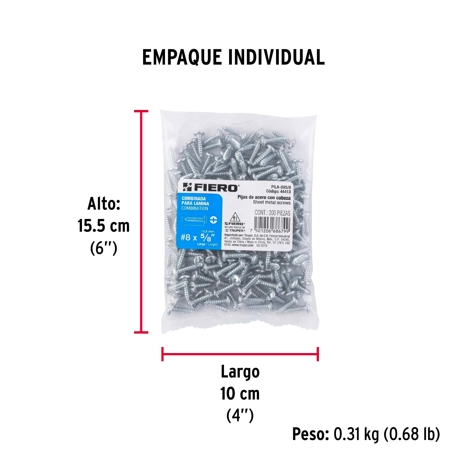 Pijas para lámina, #8, 5/8", caja con 200 pzas