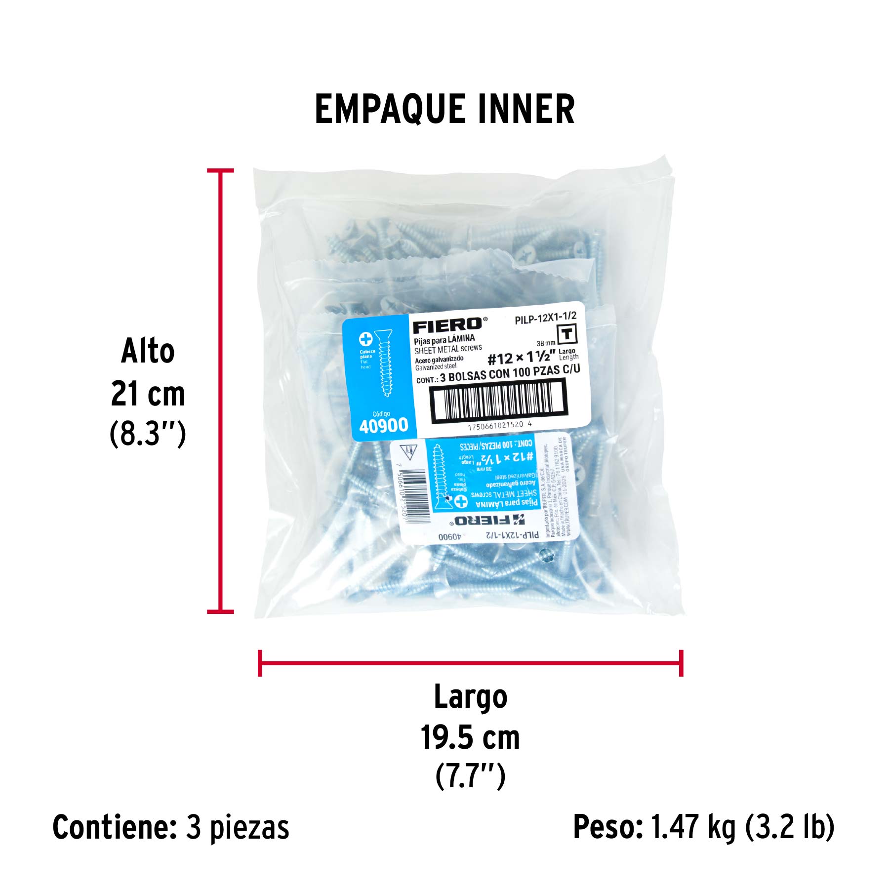 Bolsa 100 pijas para lámina cabeza plana #12 x 1-1/2', FIERO