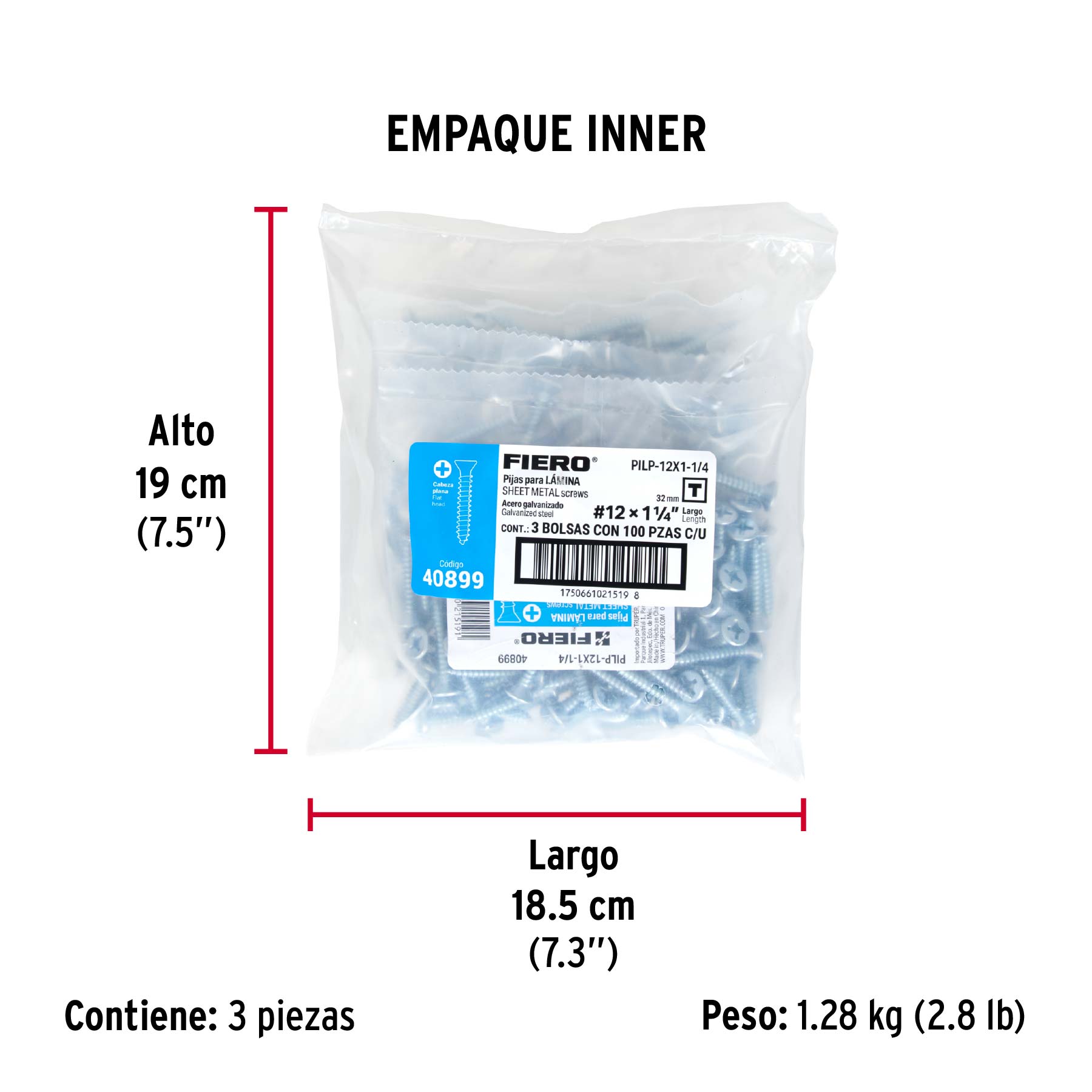 Bolsa 100 pijas para lámina cabeza plana #12 x 1-1/4', FIERO