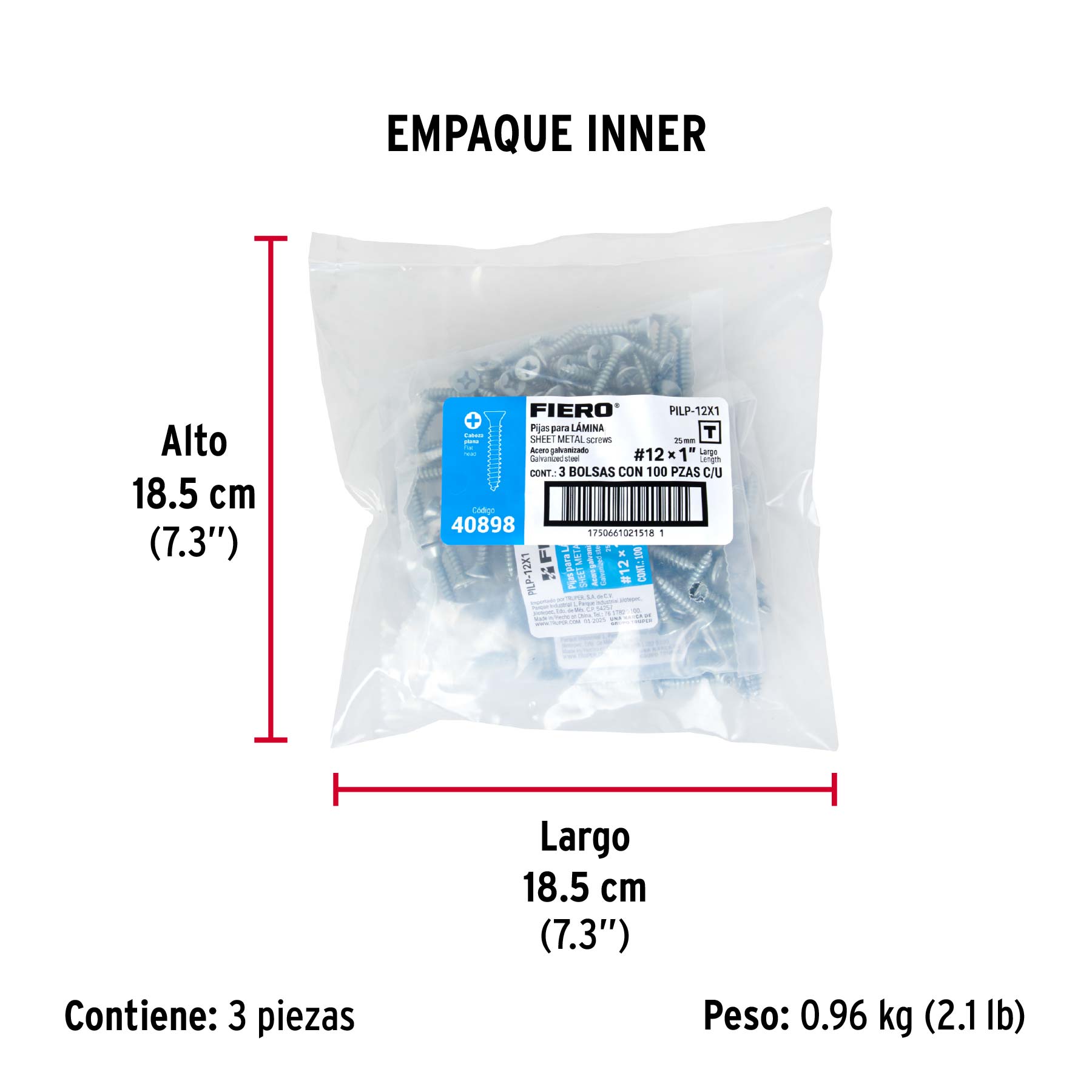 Bolsa 100 pijas para lámina cabeza plana #12 x 1', FIERO