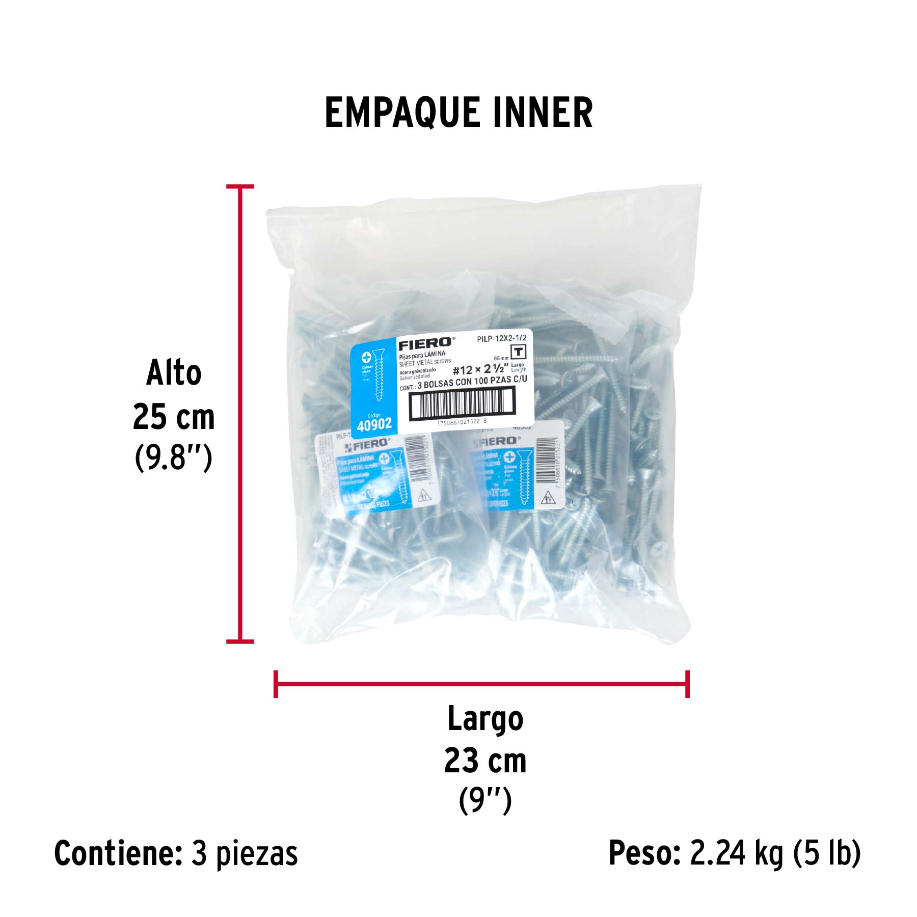 Bolsa 100 pijas para lámina cabeza plana #12 x 2-1/2', FIERO